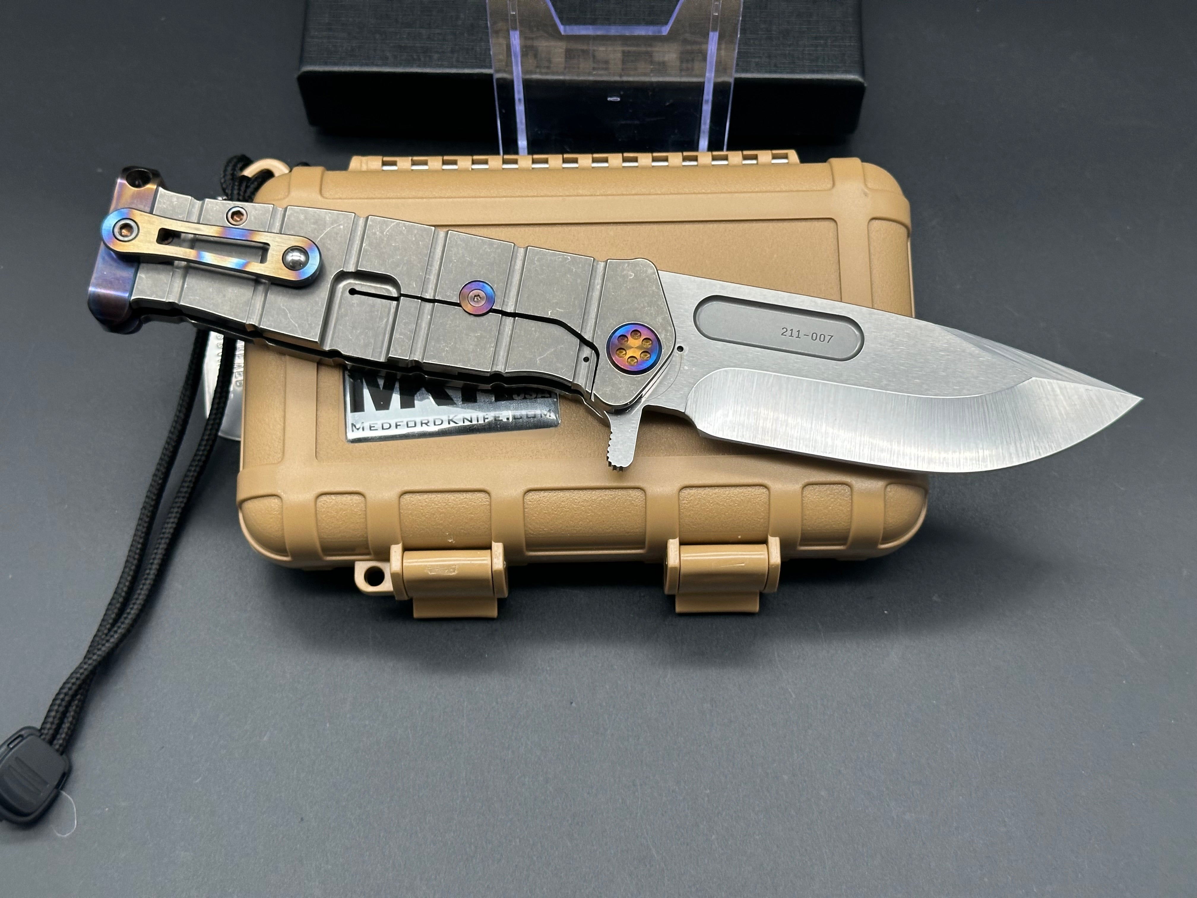 MEDFORD KNIVES USMC FF S45VN TUMBLED BLADE WITH TUMBLED HANDLES/ FLAMED HARDWARE/ CLIP/ POMMEL