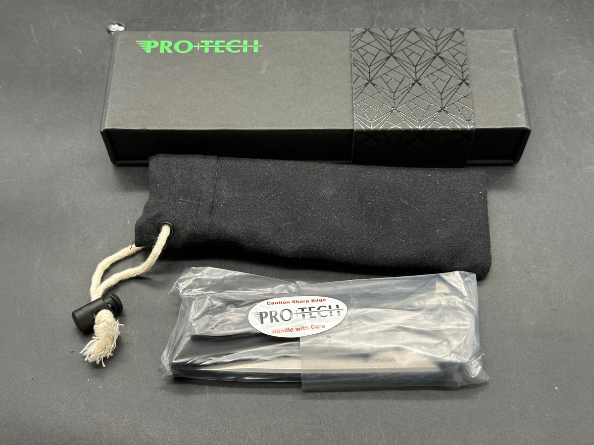 ProTech Mordax, 3.5" MagnaCut Stonewash Drop Point Blade with Black Anodized 6061 Aluminum Scales