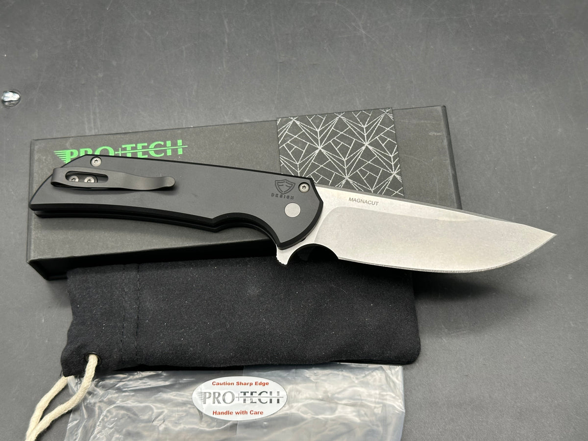 ProTech Mordax, 3.5" MagnaCut Stonewash Drop Point Blade with Black Anodized 6061 Aluminum Scales