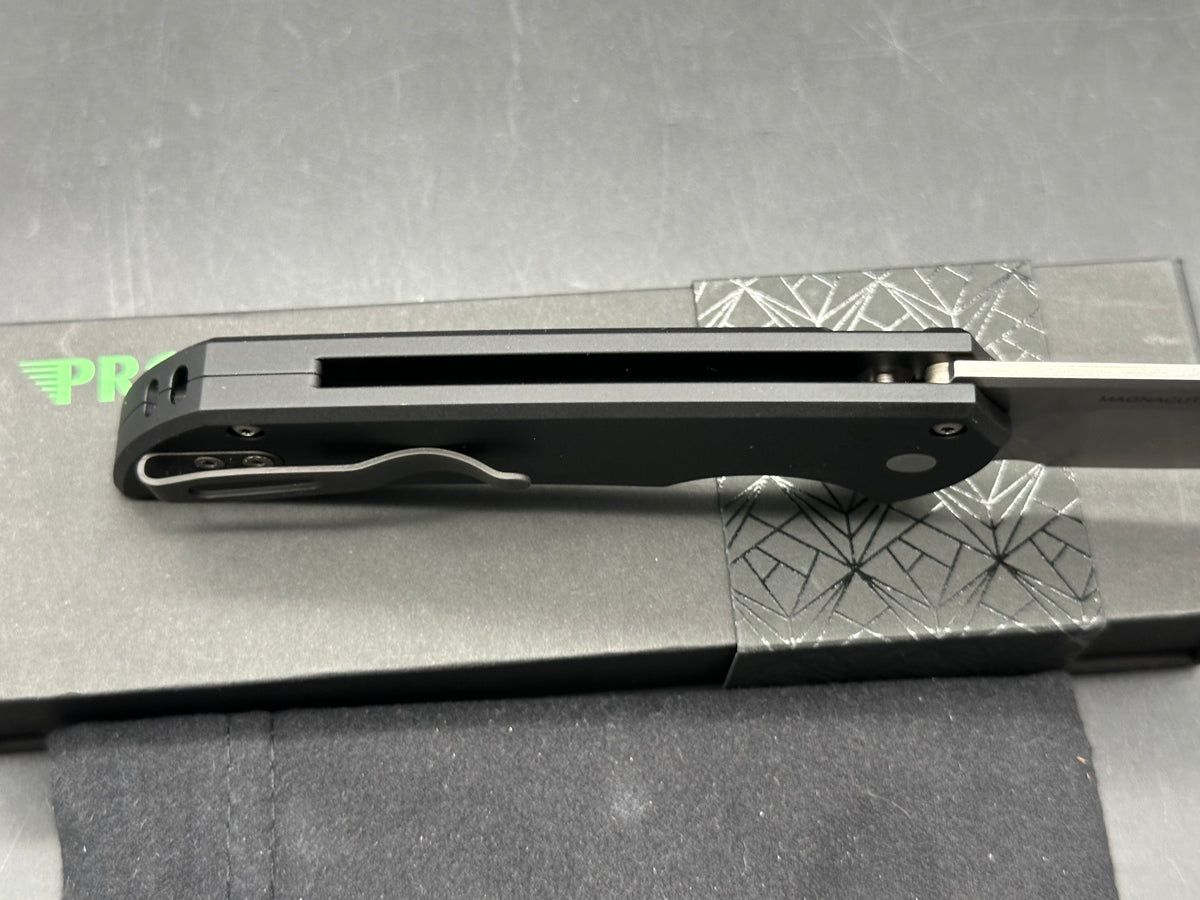 ProTech Mordax, 3.5" MagnaCut Stonewash Drop Point Blade with Black Anodized 6061 Aluminum Scales