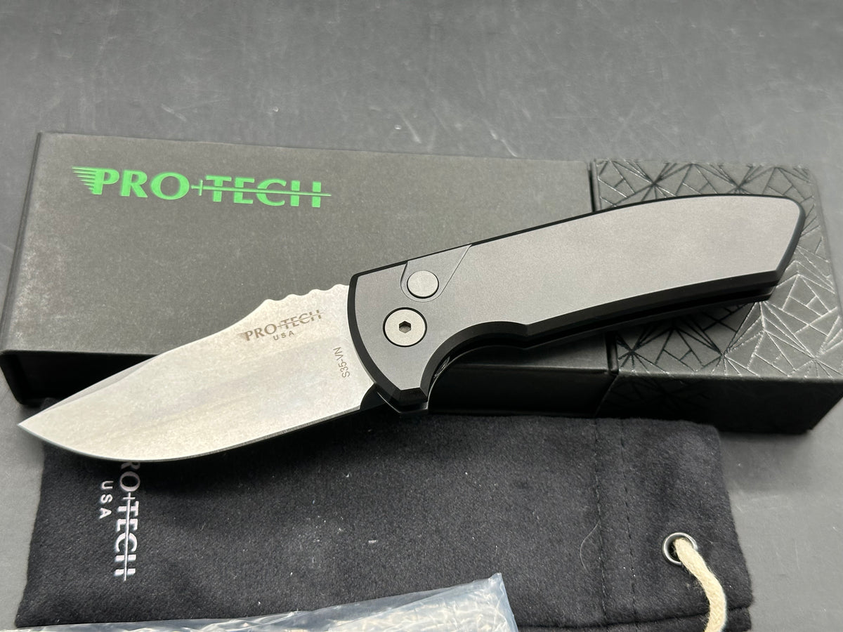 ProTech SBR-Auto, 2.625” CPM S35VN Stonewash Drop Point Blade with Black 6061 Aluminum Scales