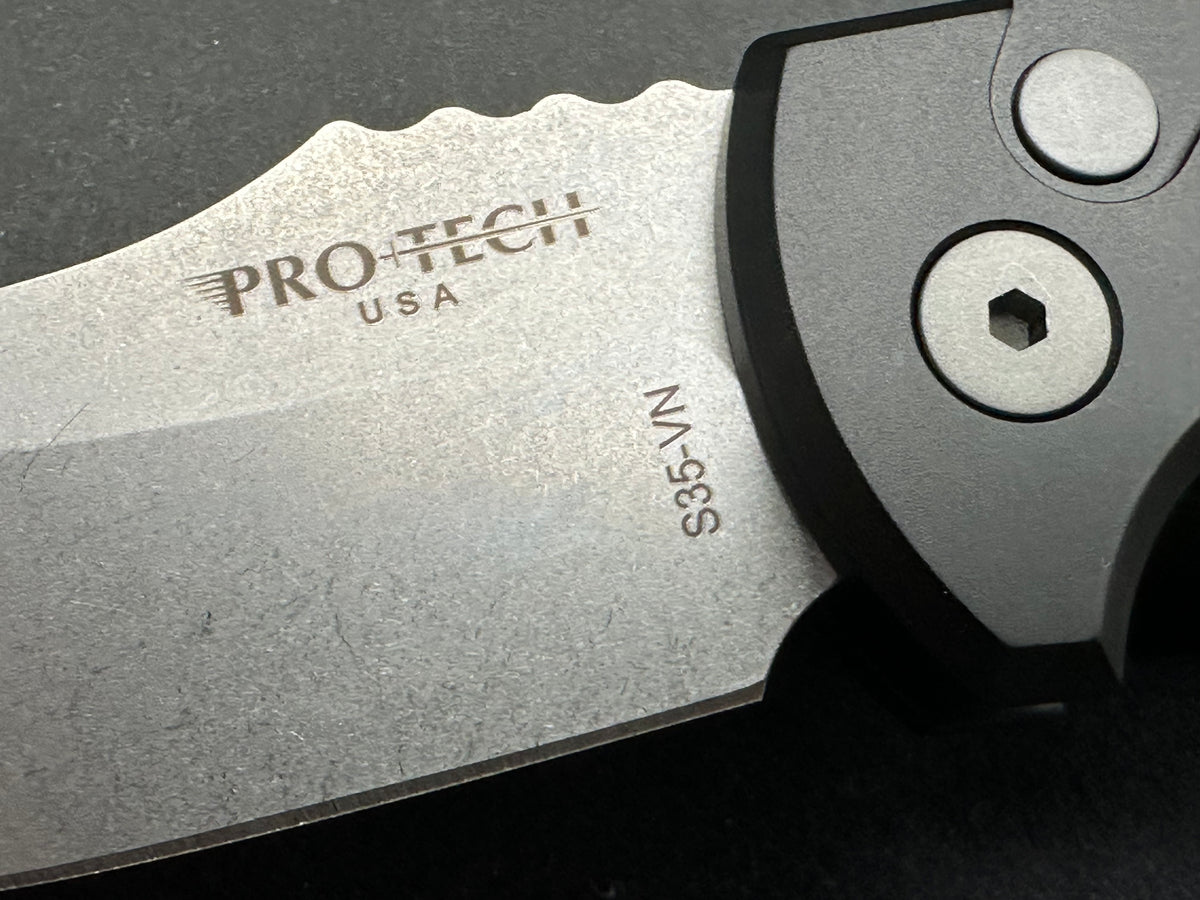 ProTech SBR-Auto, 2.625” CPM S35VN Stonewash Drop Point Blade with Black 6061 Aluminum Scales