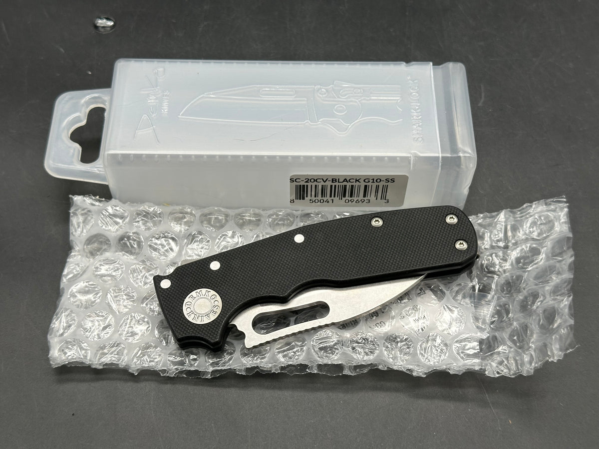 Demko Shark Cub, 2.75" CPM 20CV Stonewash Slicer Blade with Black G10 Scales plus Skiff Bearings Installed and Lynch NW Titanium Pocket Clip Installed