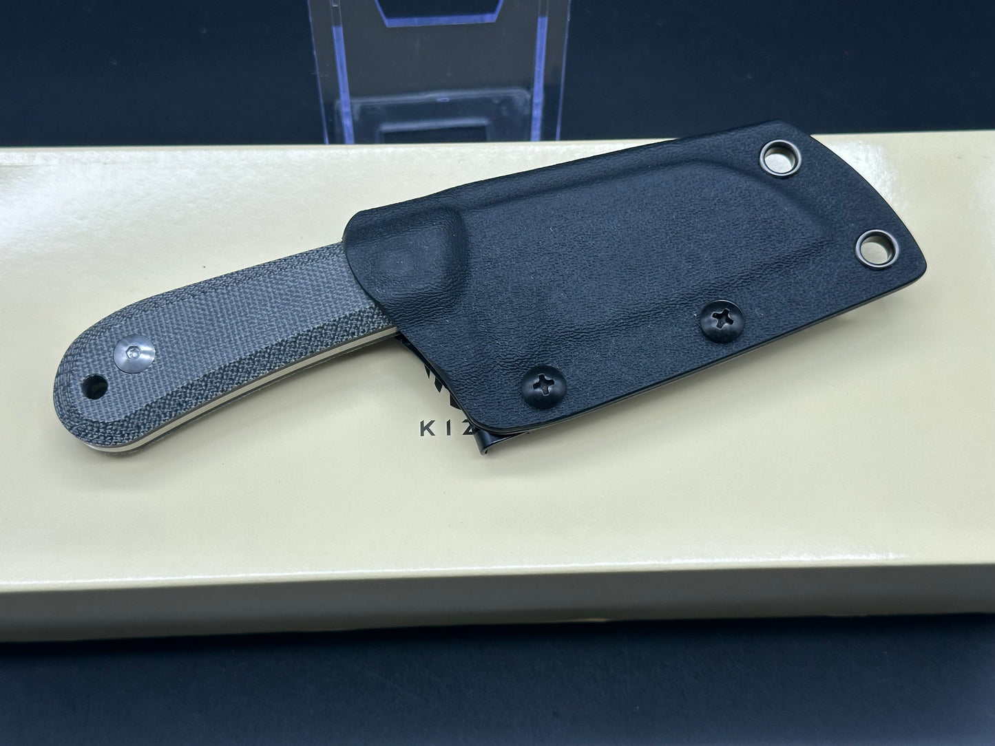 Kizer Cutlery 1062A1 Tyler Barnes Deckhand Fixed Blade Knife 2.95" D2 Stonewashed Sheepsfoot Blade, Black Micarta Handles, Kydex Sheath