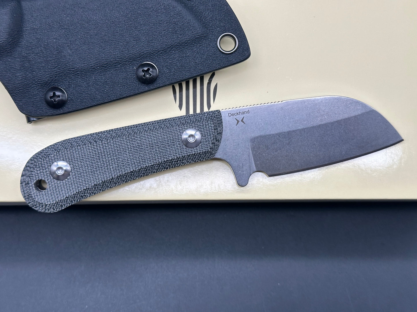 Kizer Cutlery 1062A1 Tyler Barnes Deckhand Fixed Blade Knife 2.95" D2 Stonewashed Sheepsfoot Blade, Black Micarta Handles, Kydex Sheath