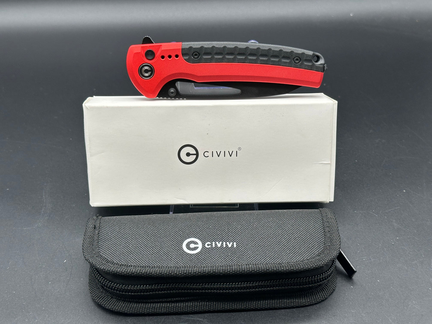 CIVIVI SENTINEL STRIKE BUTTON LOCK RED ALUMINUM HANDLE K110 BLACK BLADE