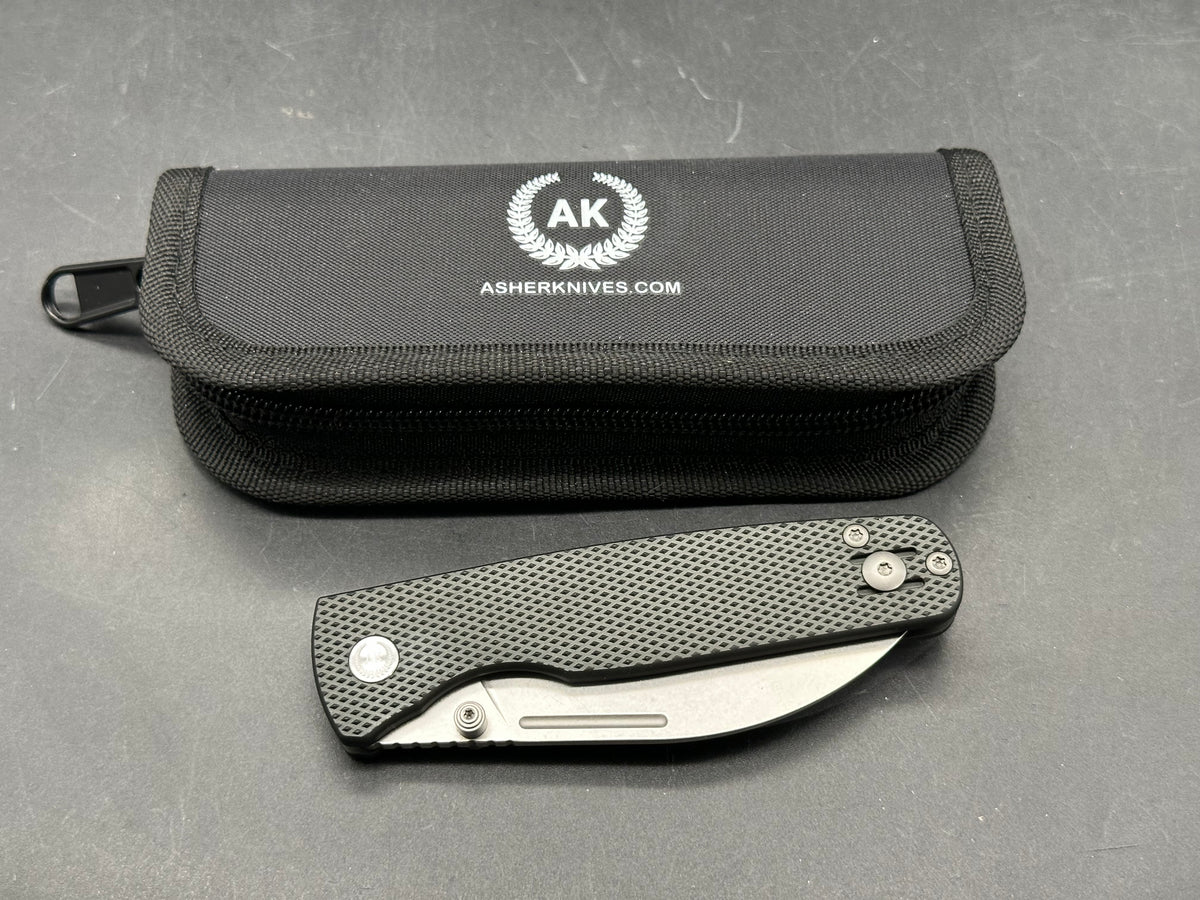 Asher WharnEDC, 3.2" M390 Stonewash Wharncliffe Blade with Textured Black Aluminum Scales