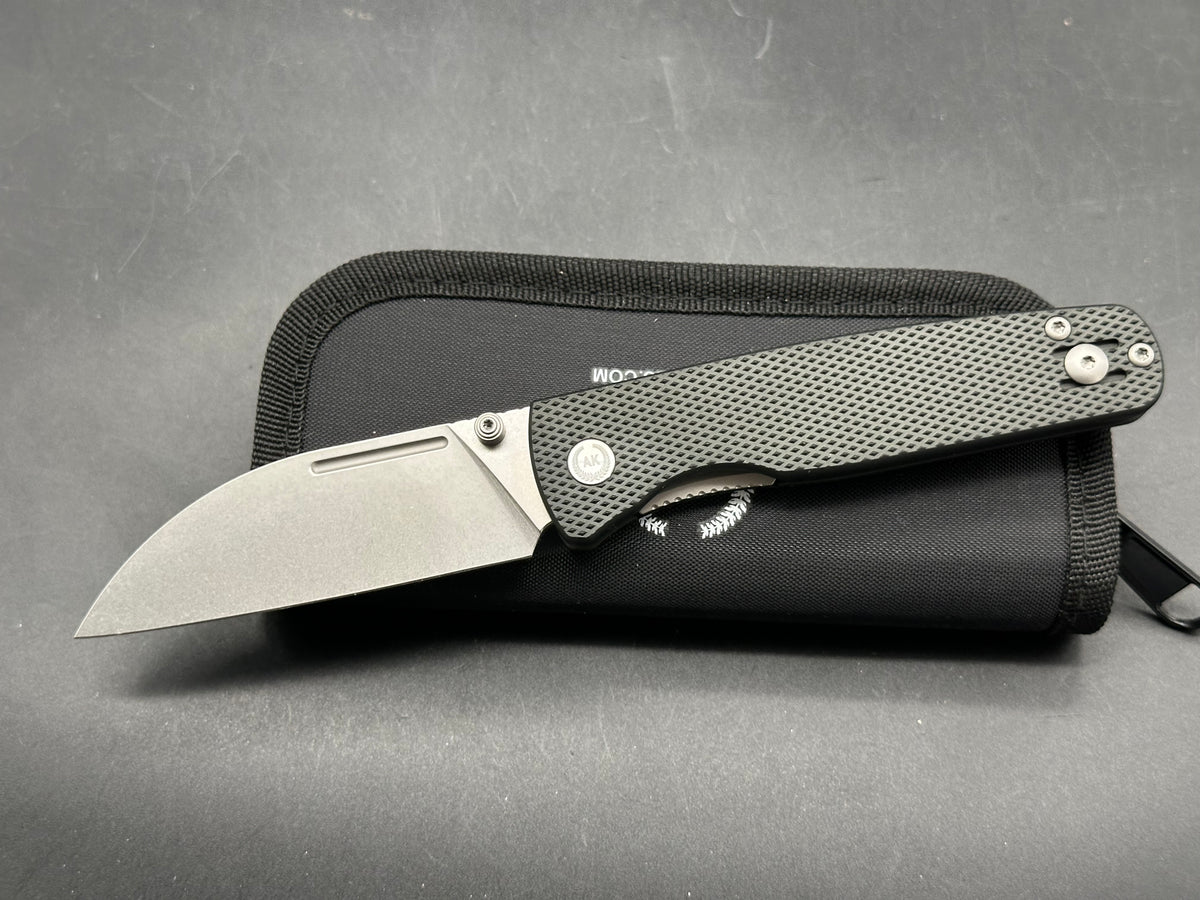 Asher WharnEDC, 3.2" M390 Stonewash Wharncliffe Blade with Textured Black Aluminum Scales