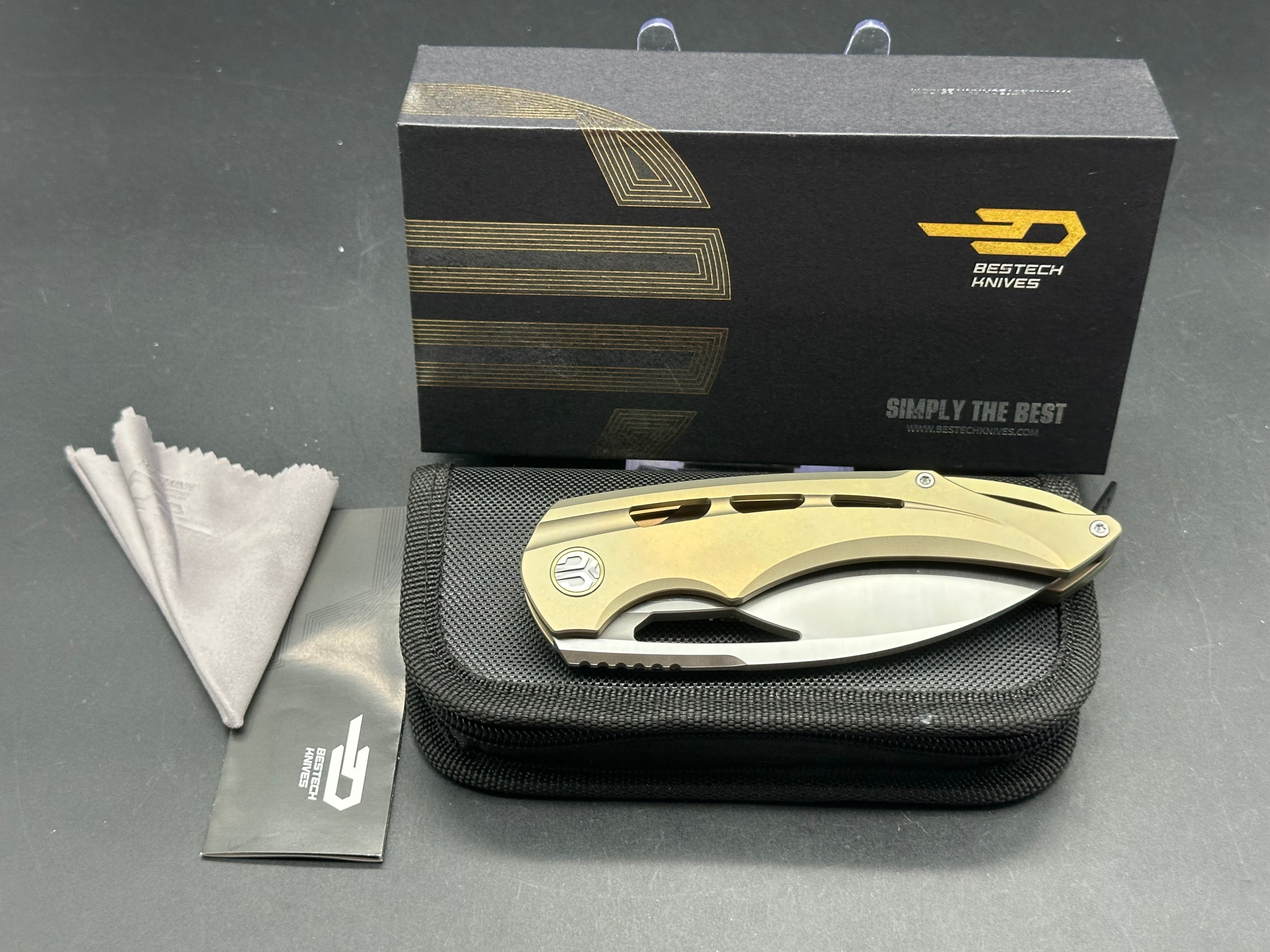 BESTECH FAIRCHILD FOLDING KNIFE GOLD TITANIUM HANDLE S35VN PLAIN EDGE SATIN FINISH