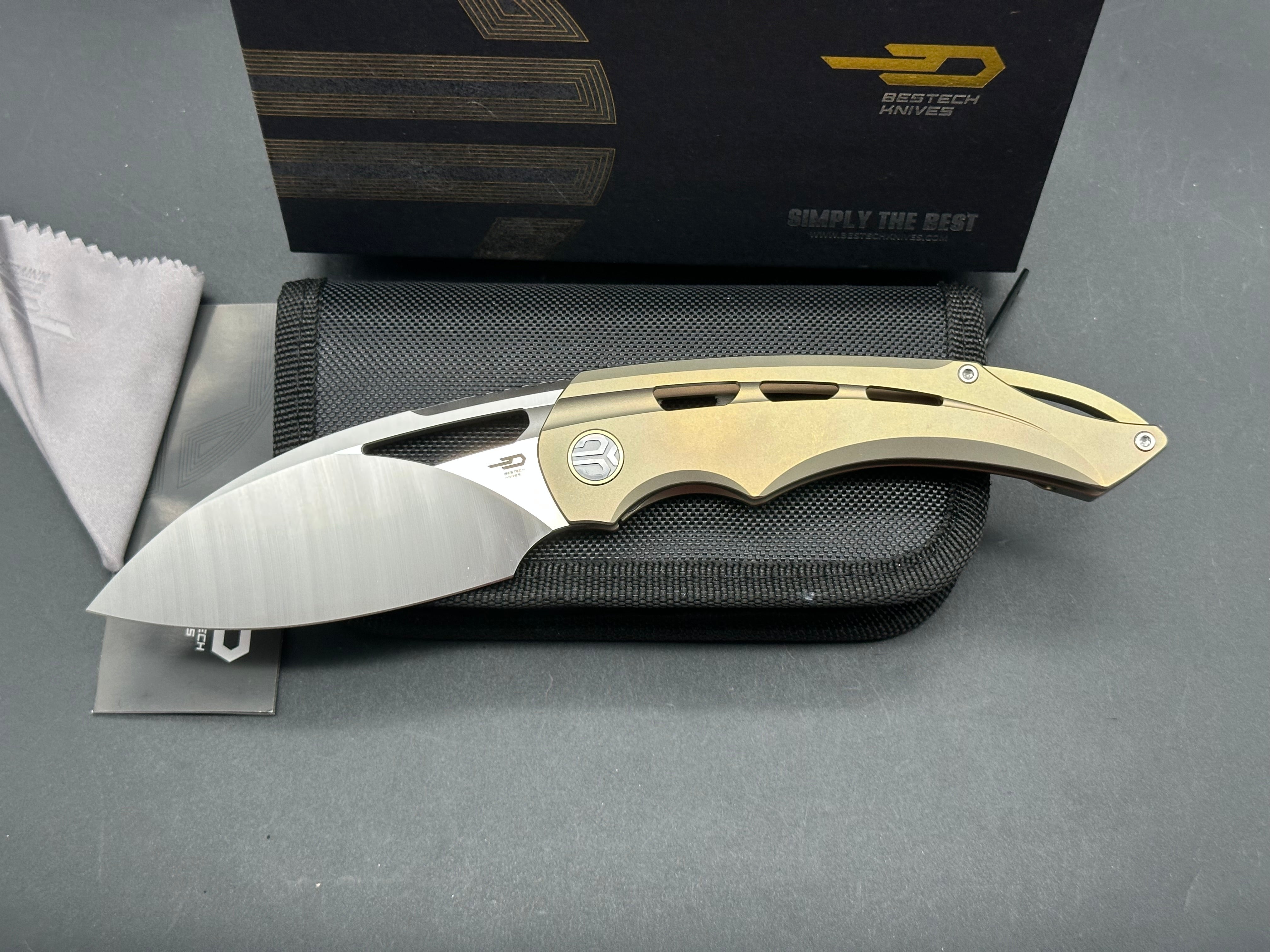 BESTECH FAIRCHILD FOLDING KNIFE GOLD TITANIUM HANDLE S35VN PLAIN EDGE SATIN FINISH