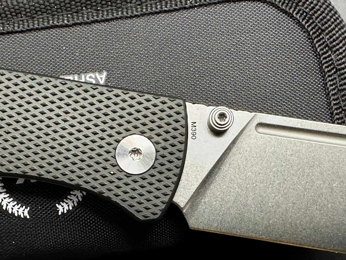 Asher WharnEDC, 3.2" M390 Stonewash Wharncliffe Blade with Textured Black Aluminum Scales