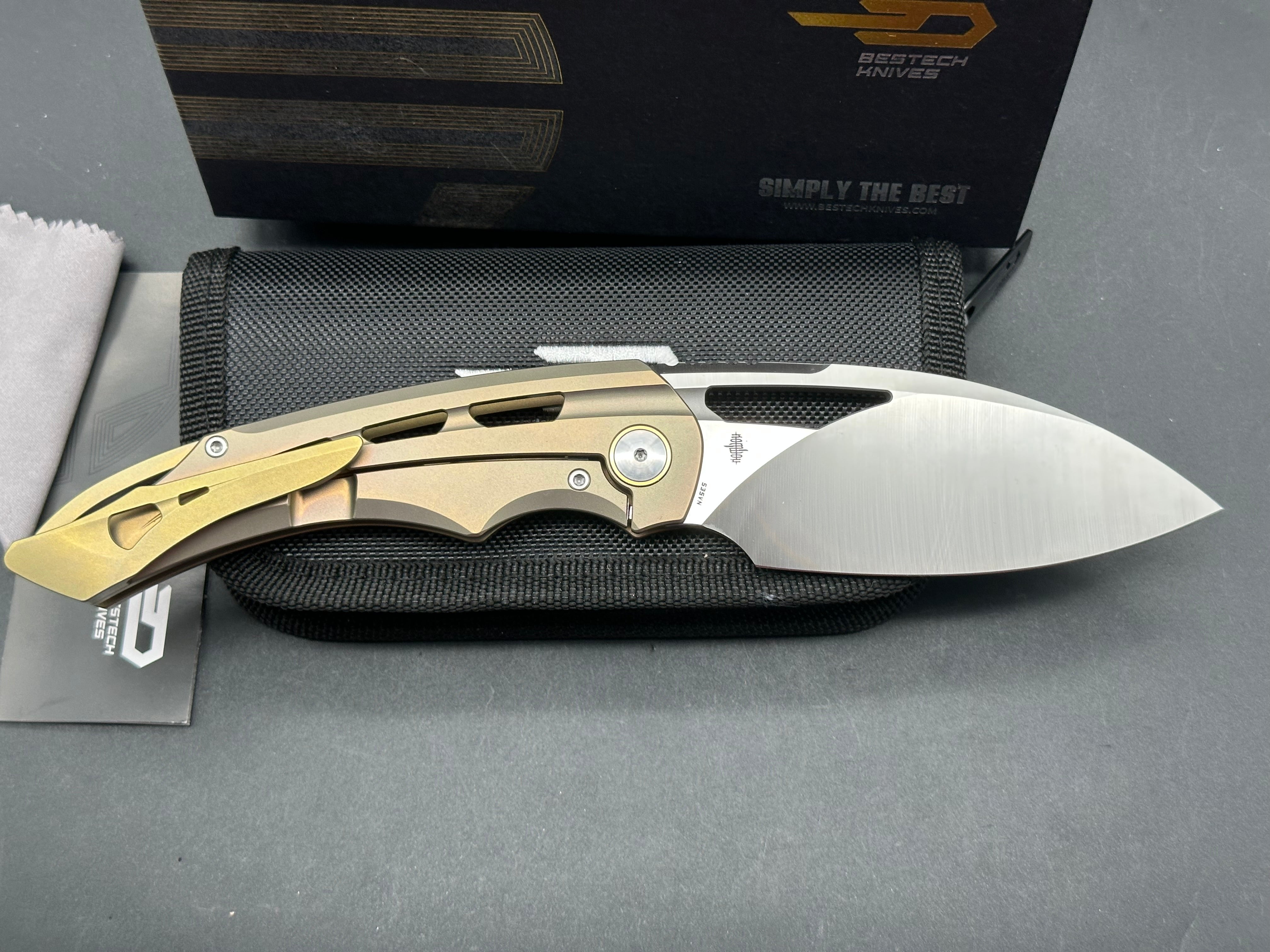 BESTECH FAIRCHILD FOLDING KNIFE GOLD TITANIUM HANDLE S35VN PLAIN EDGE SATIN FINISH