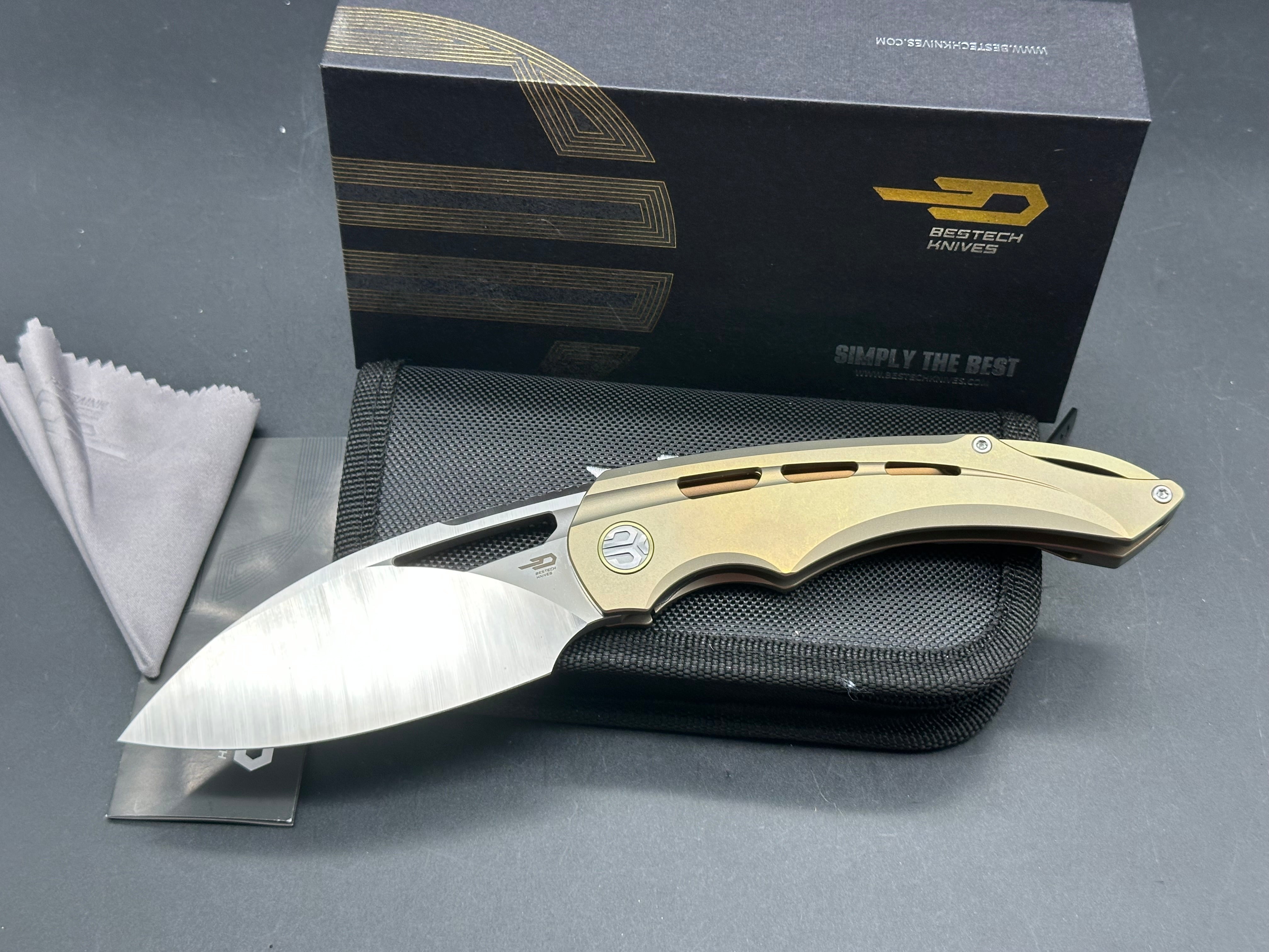 BESTECH FAIRCHILD FOLDING KNIFE GOLD TITANIUM HANDLE S35VN PLAIN EDGE SATIN FINISH