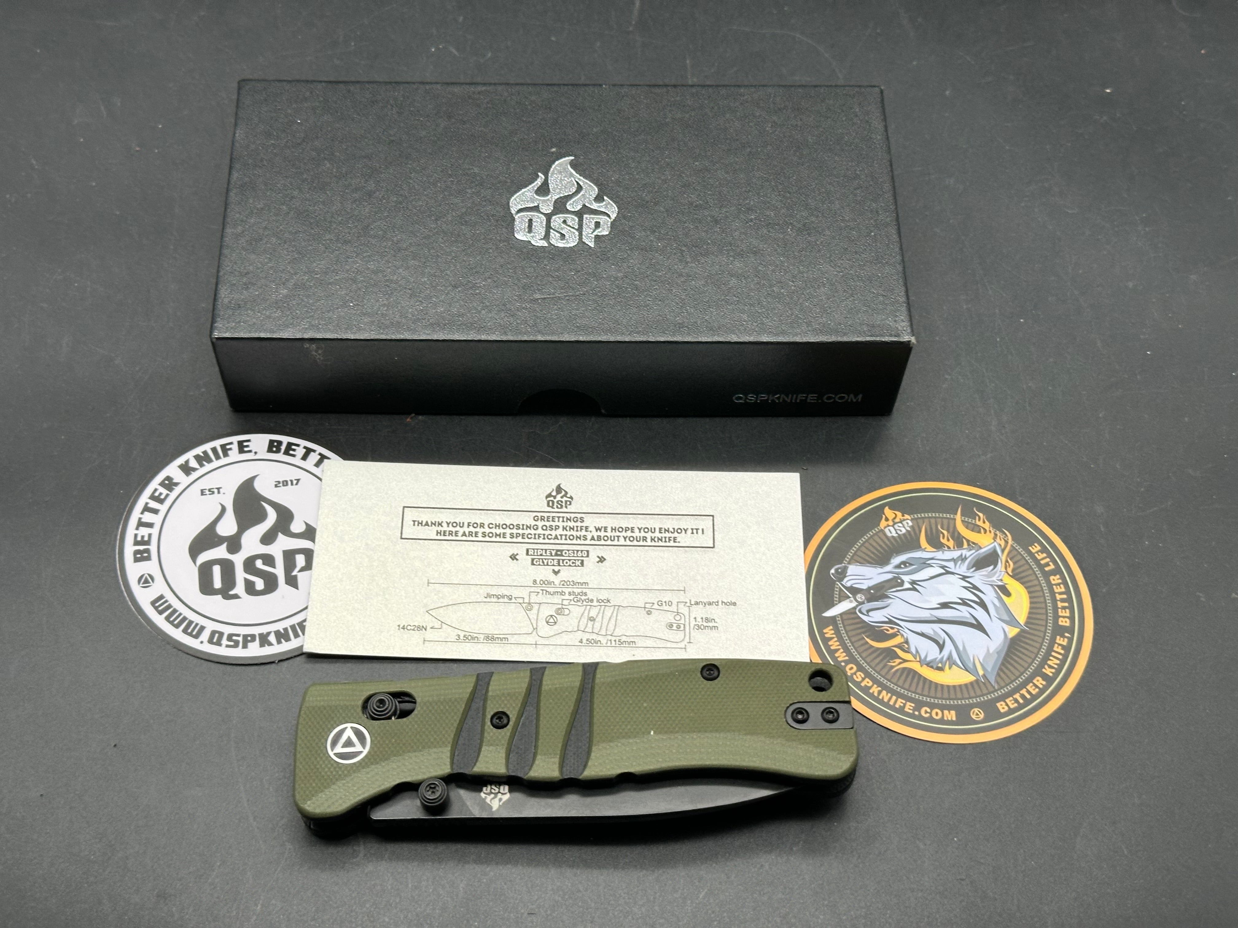 QSP Ripley Glyde Lock Knife Green G-10 (3.5" Black)