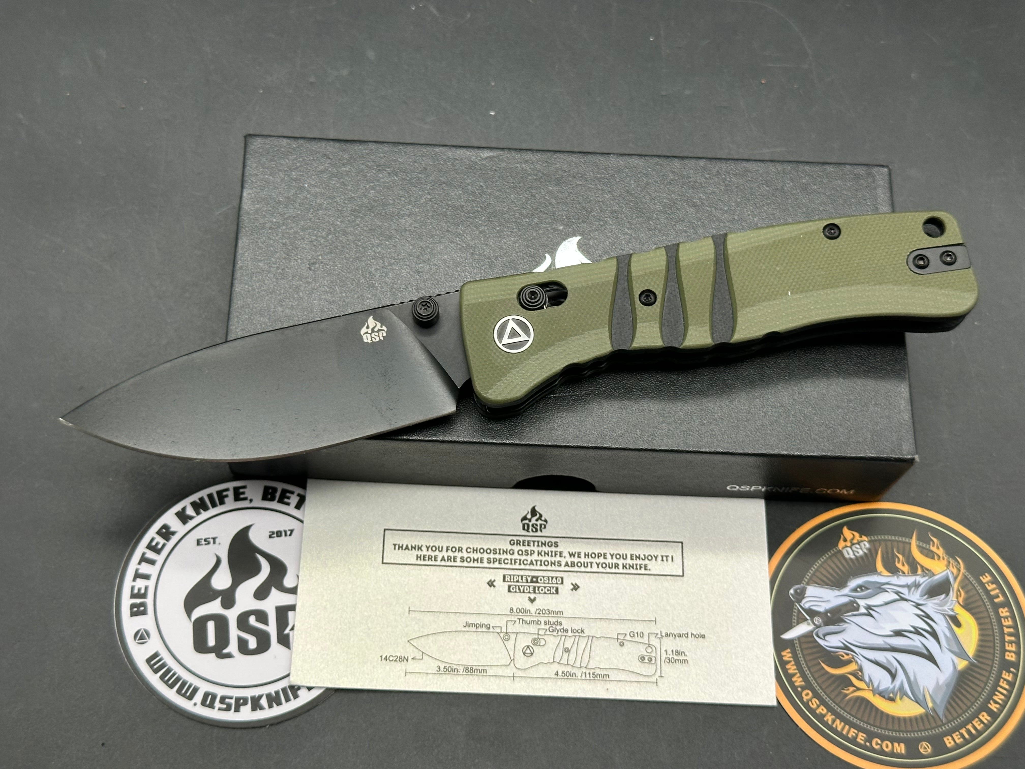 QSP Ripley Glyde Lock Knife Green G-10 (3.5" Black)