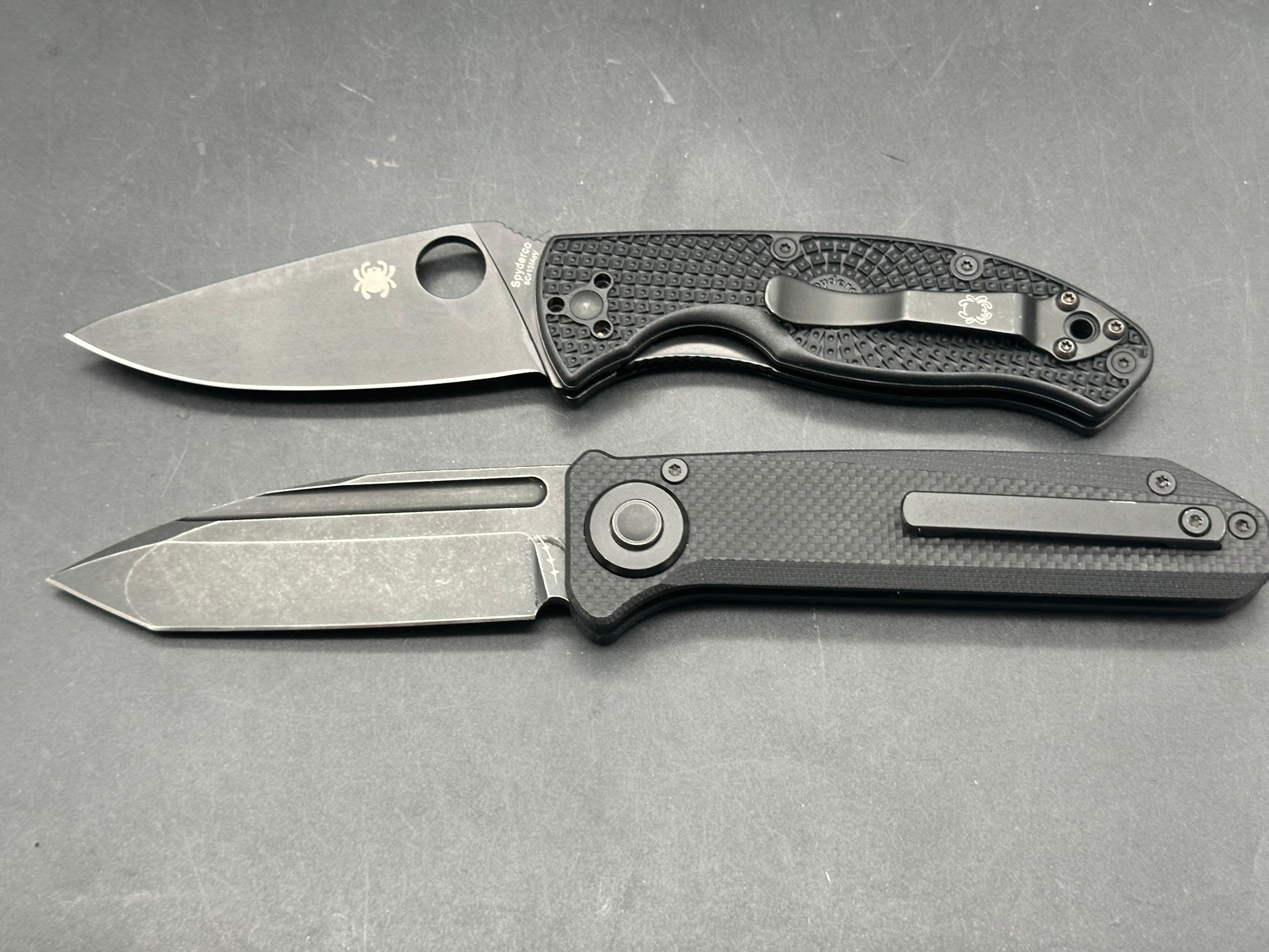 2 knife Bundle Spyderco Tenacious blacked out and Orion Knives Ares 14C28N black G-10