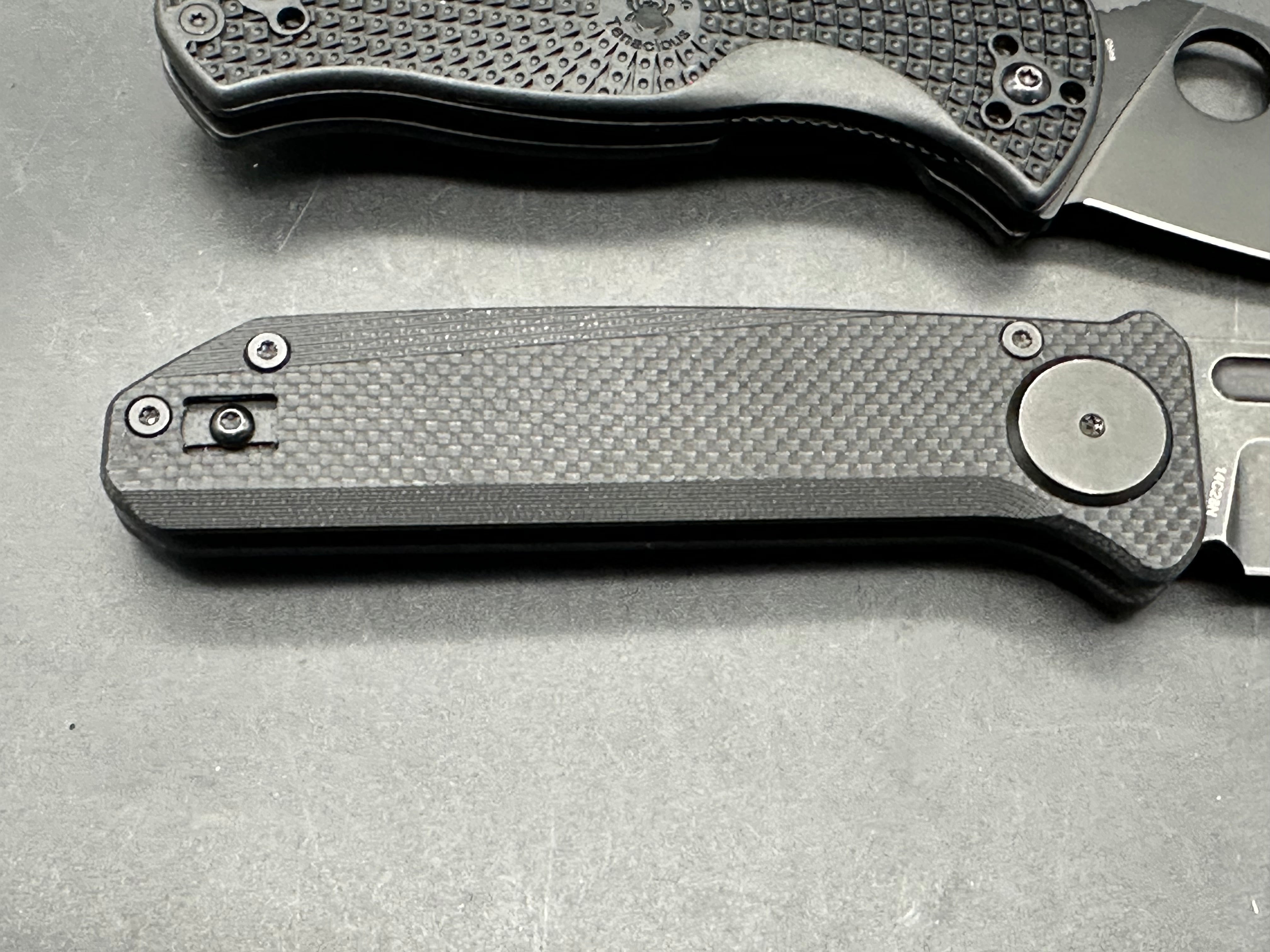2 knife Bundle Spyderco Tenacious blacked out and Orion Knives Ares 14C28N black G-10