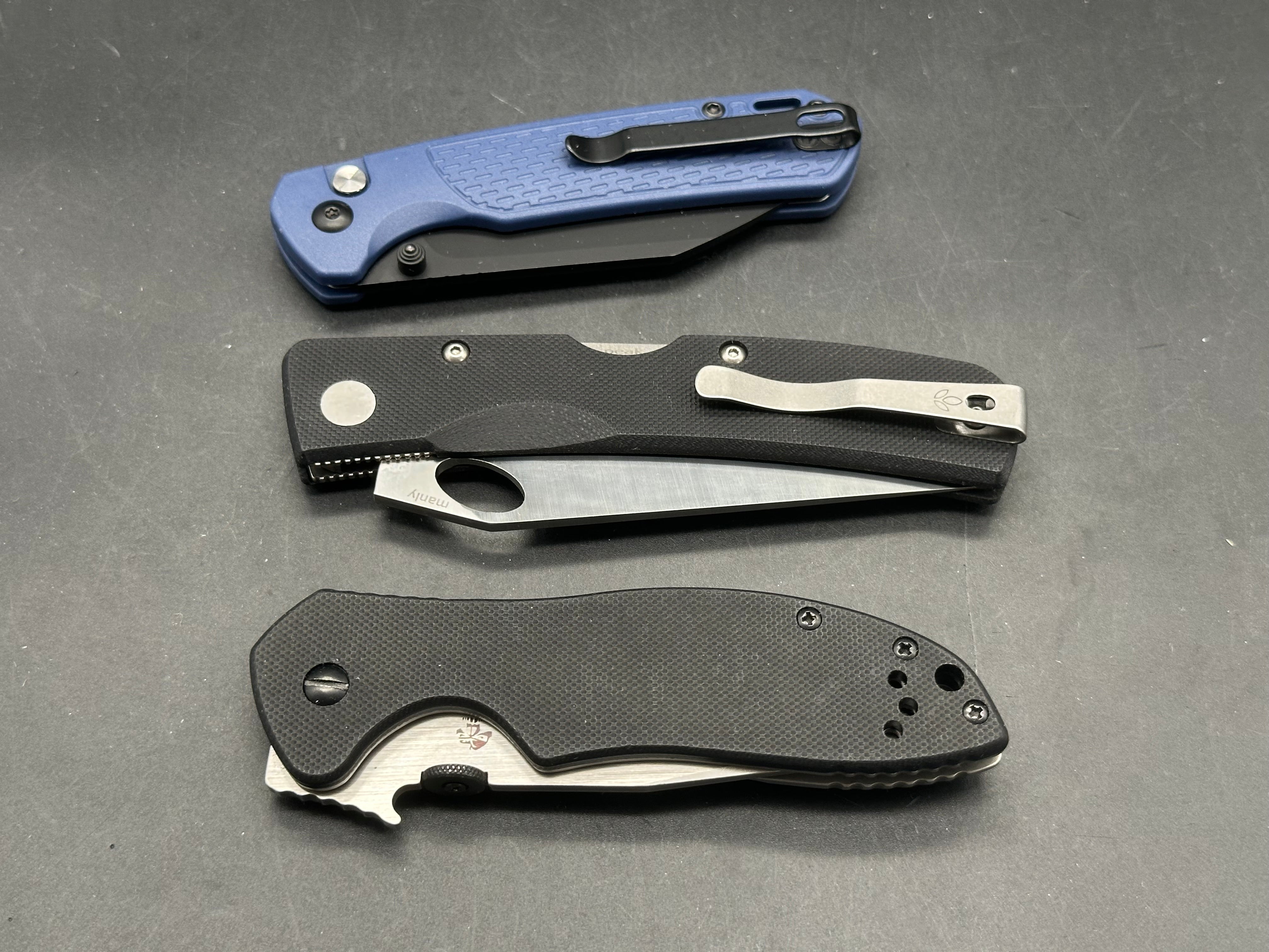 3 knife Bundle Manly Knives Peak S90V with black G-10, CJRB Alt-Pyrite AR-RPM9 with blue FRN, Kershaw Emerson CQC-6k D2