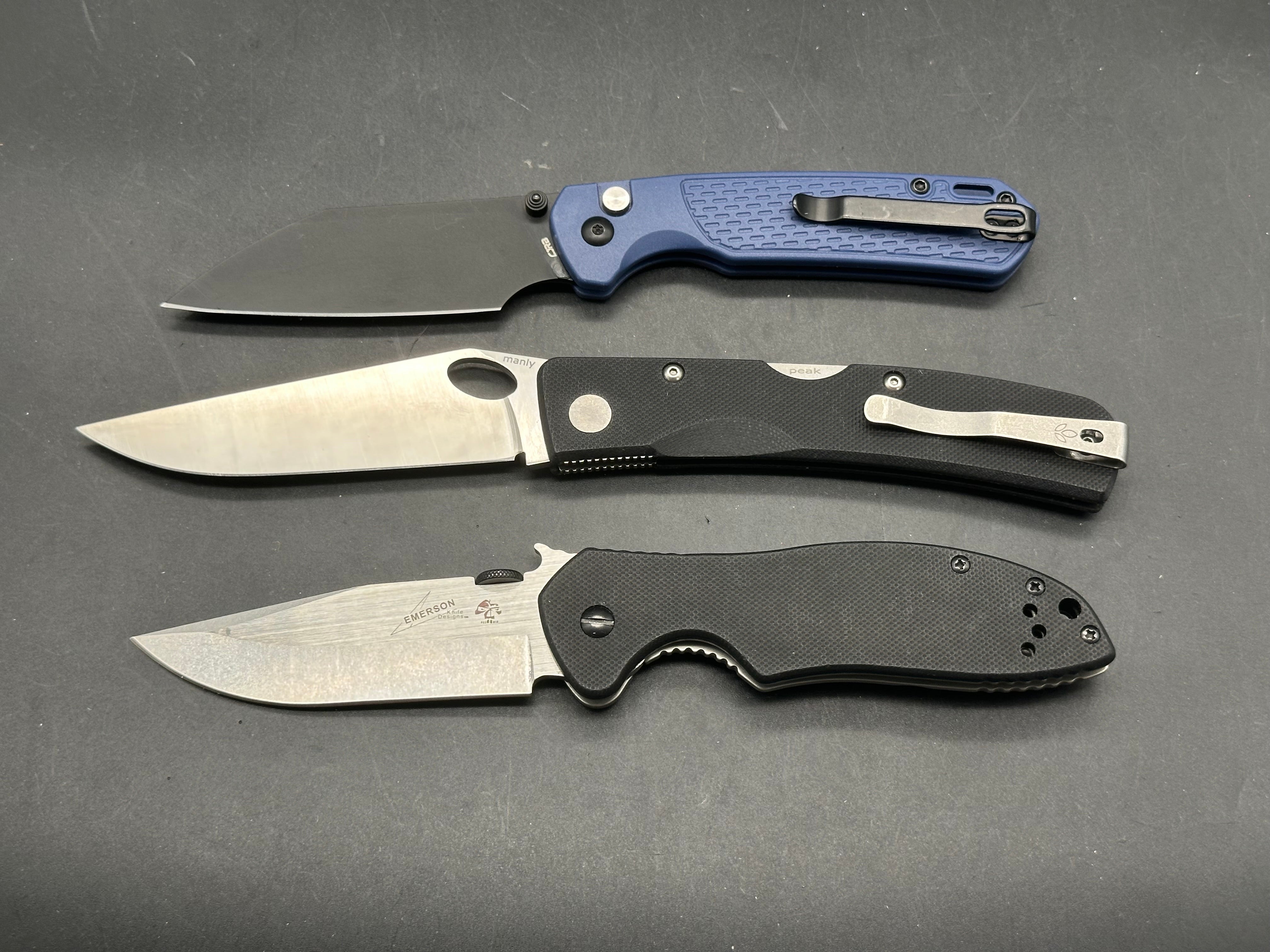 3 knife Bundle Manly Knives Peak S90V with black G-10, CJRB Alt-Pyrite AR-RPM9 with blue FRN, Kershaw Emerson CQC-6k D2