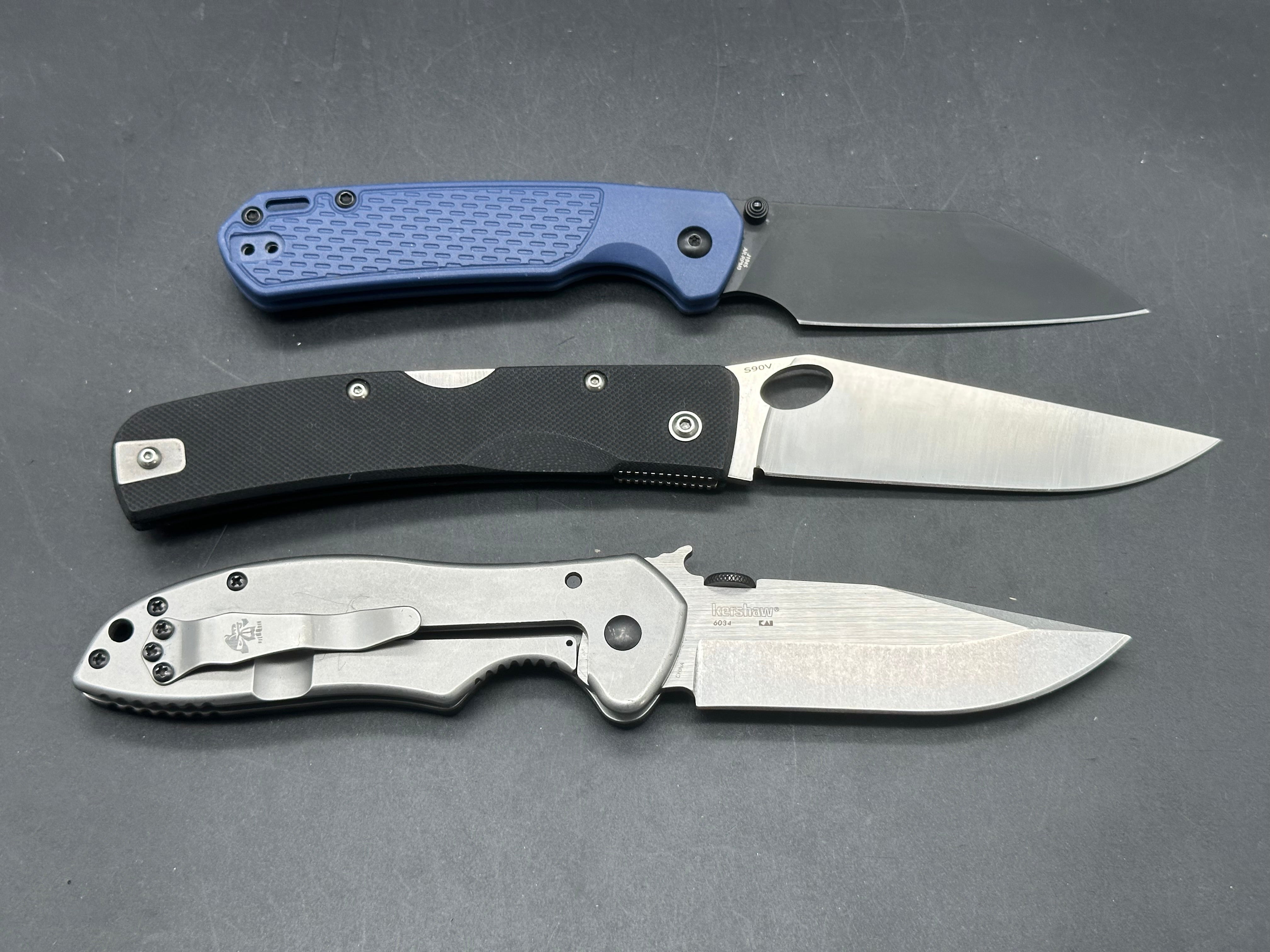 3 knife Bundle Manly Knives Peak S90V with black G-10, CJRB Alt-Pyrite AR-RPM9 with blue FRN, Kershaw Emerson CQC-6k D2