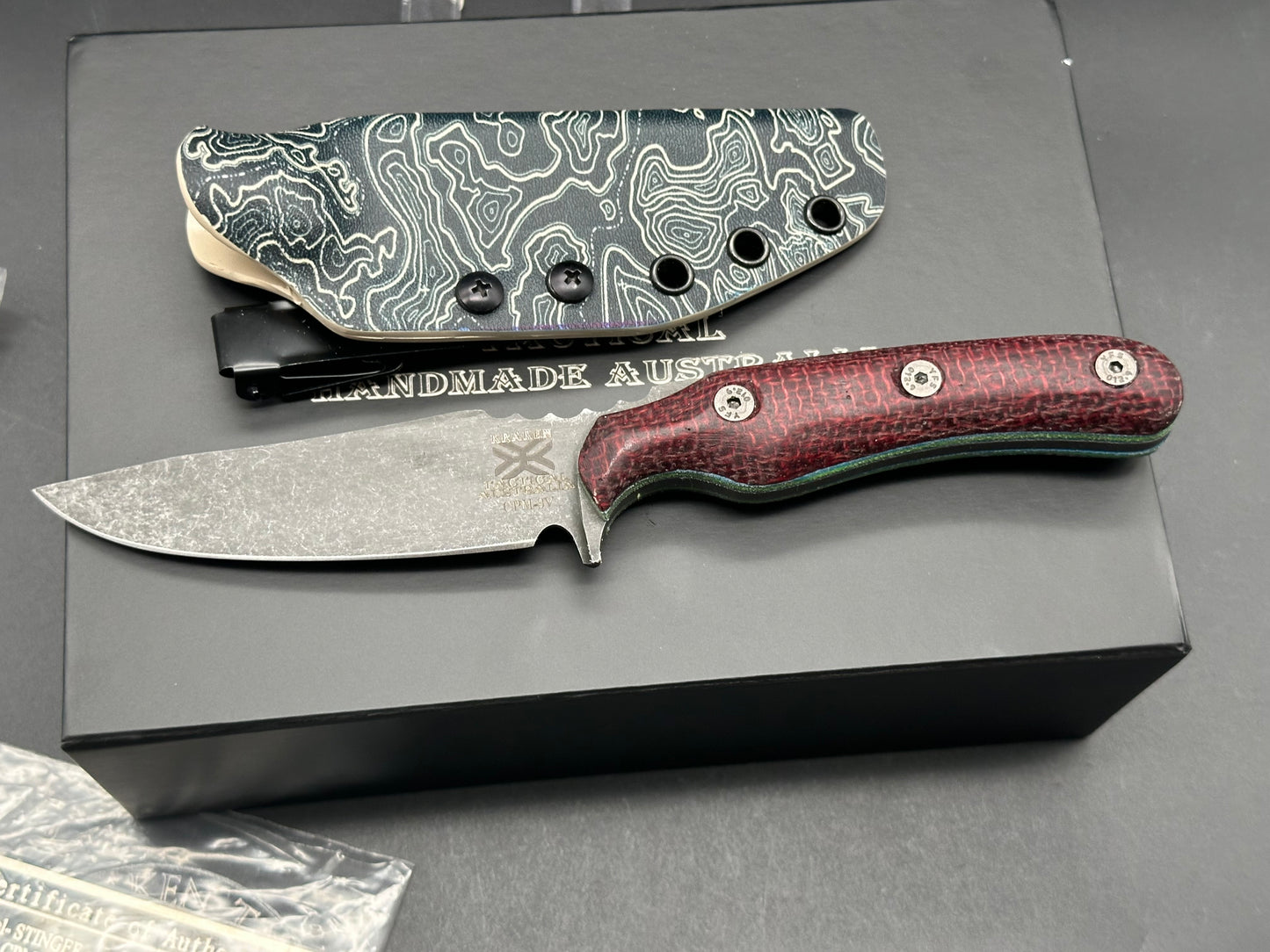 Kraken Stinger fixed blade red burlap micarta handle w/CPM-3V blade