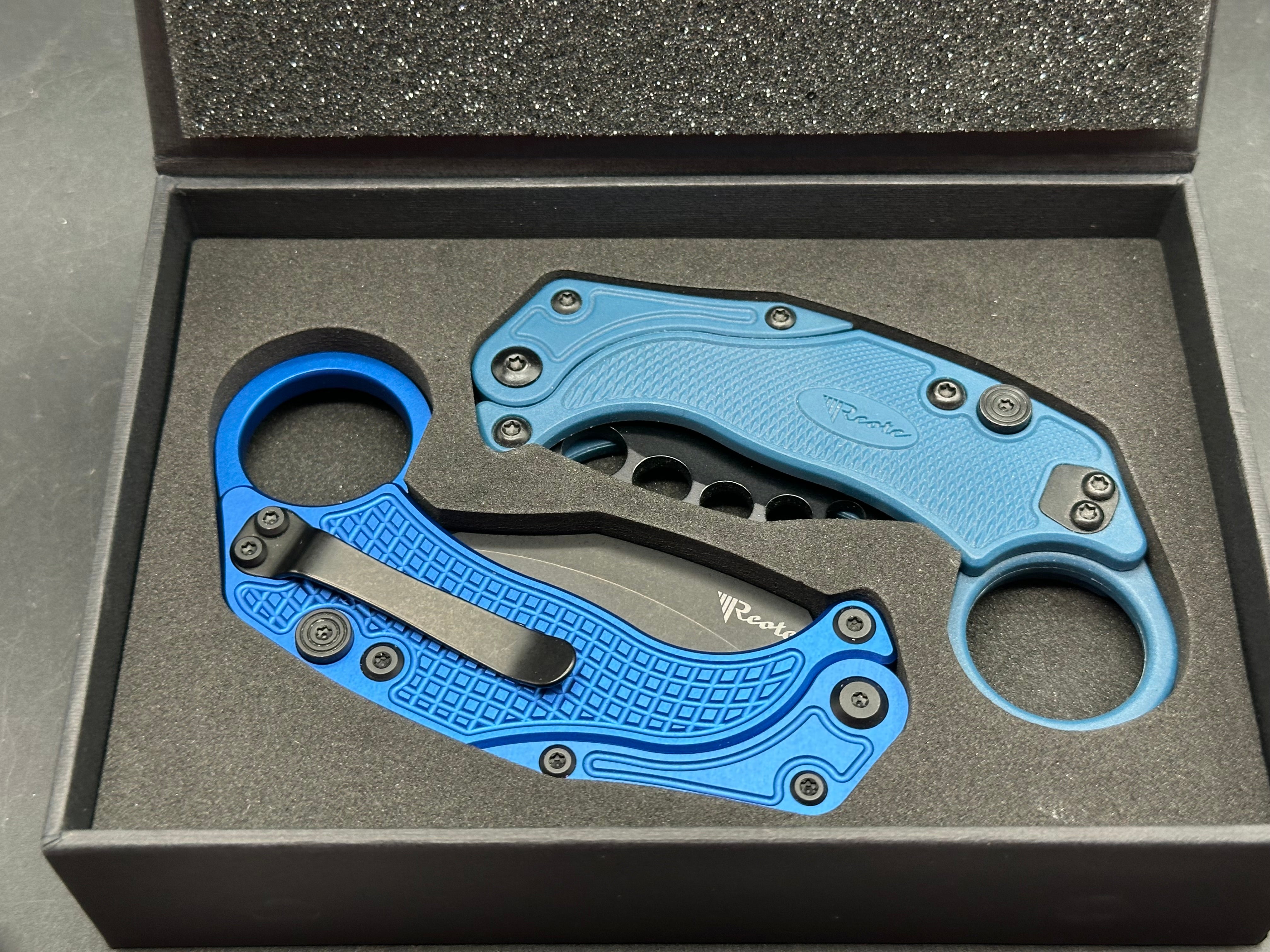 Reate EXO-K Gravity Karambit Button Lock Knife Blue Aluminum (3.1" Black PVD)