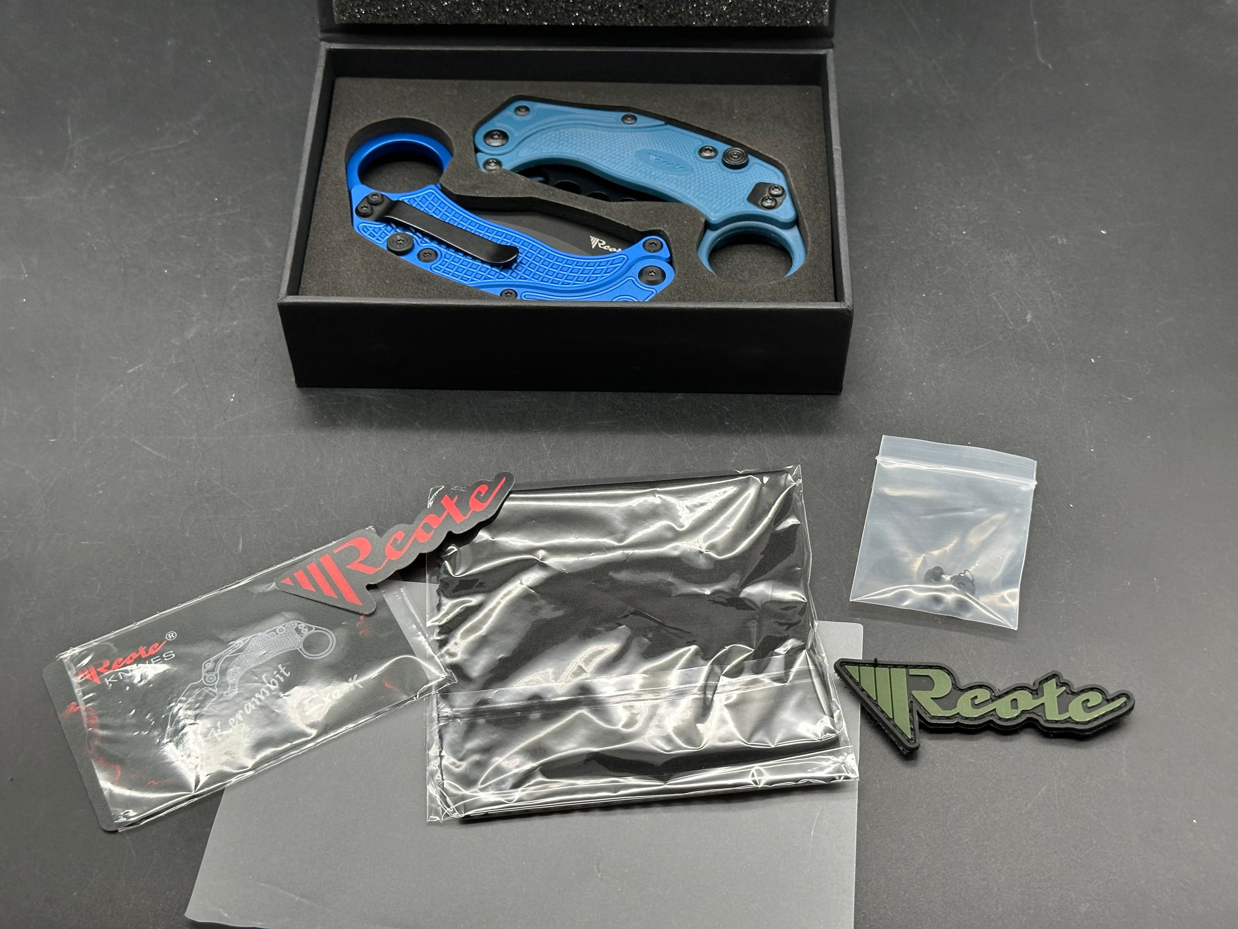 Reate EXO-K Gravity Karambit Button Lock Knife Blue Aluminum (3.1" Black PVD)