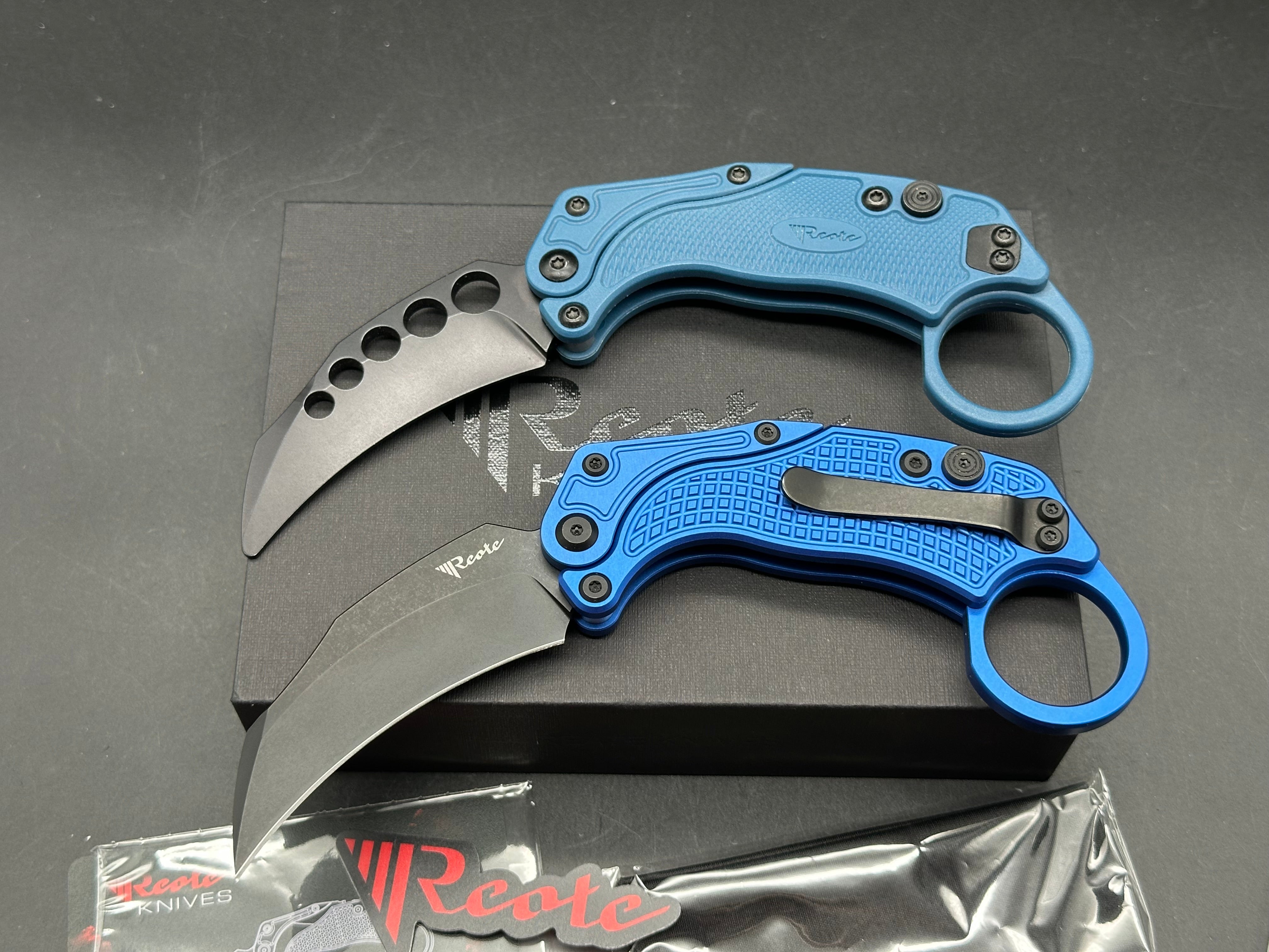 Reate EXO-K Gravity Karambit Button Lock Knife Blue Aluminum (3.1" Black PVD)