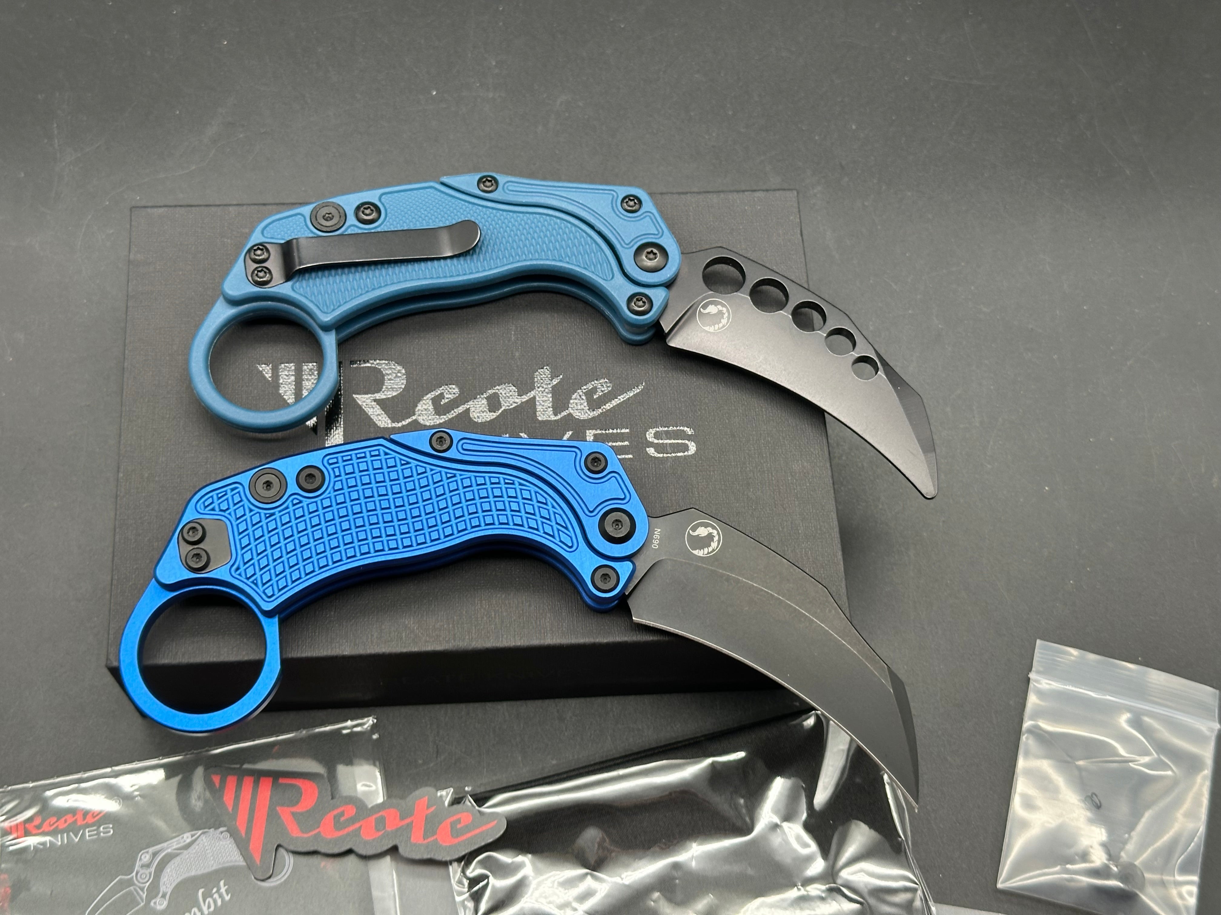 Reate EXO-K Gravity Karambit Button Lock Knife Blue Aluminum (3.1" Black PVD)