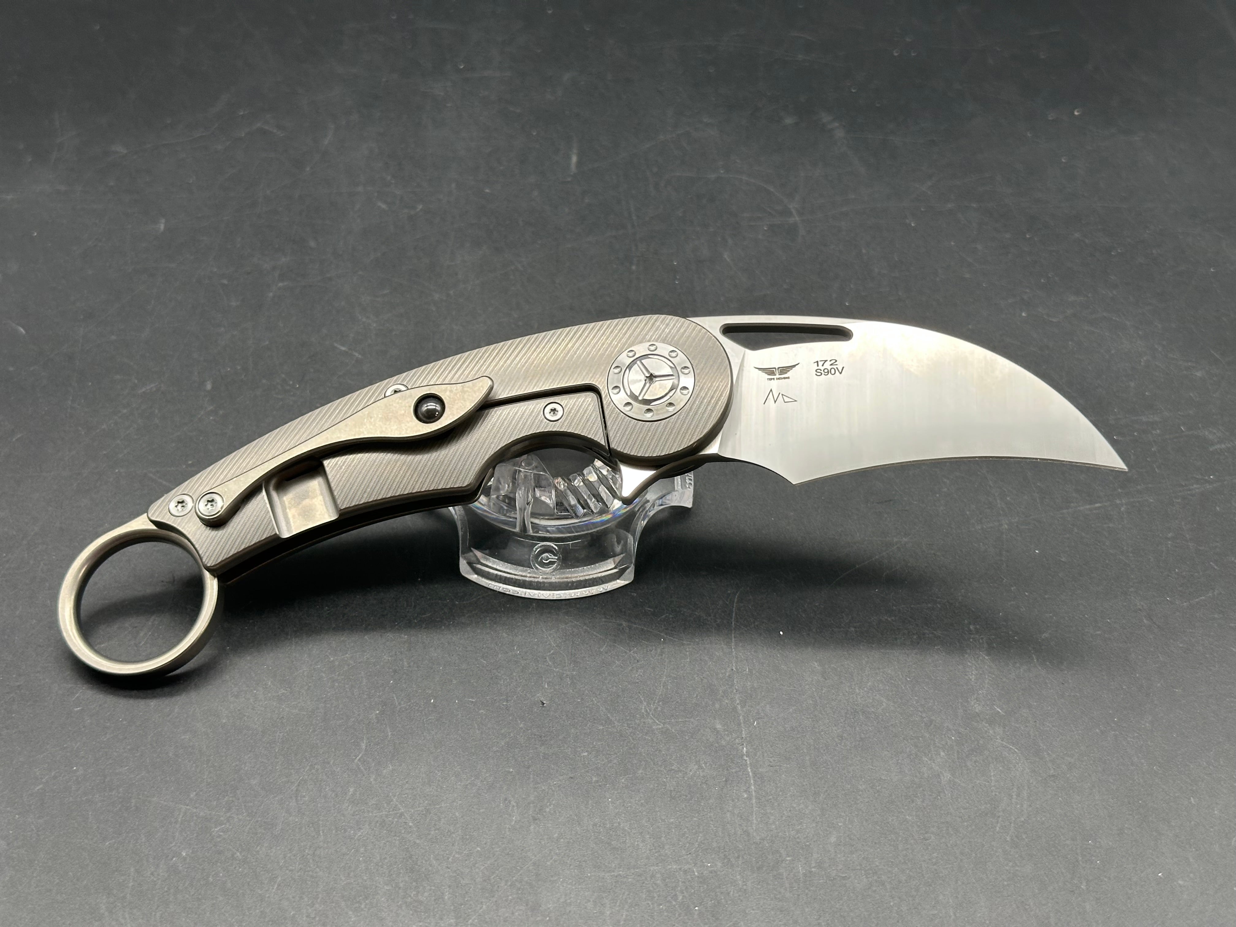 TwoSun 172 Karambit: Nightmorning Tepe design. 3 inch S90V blade. Titanium clip with ceramic ball bearing
