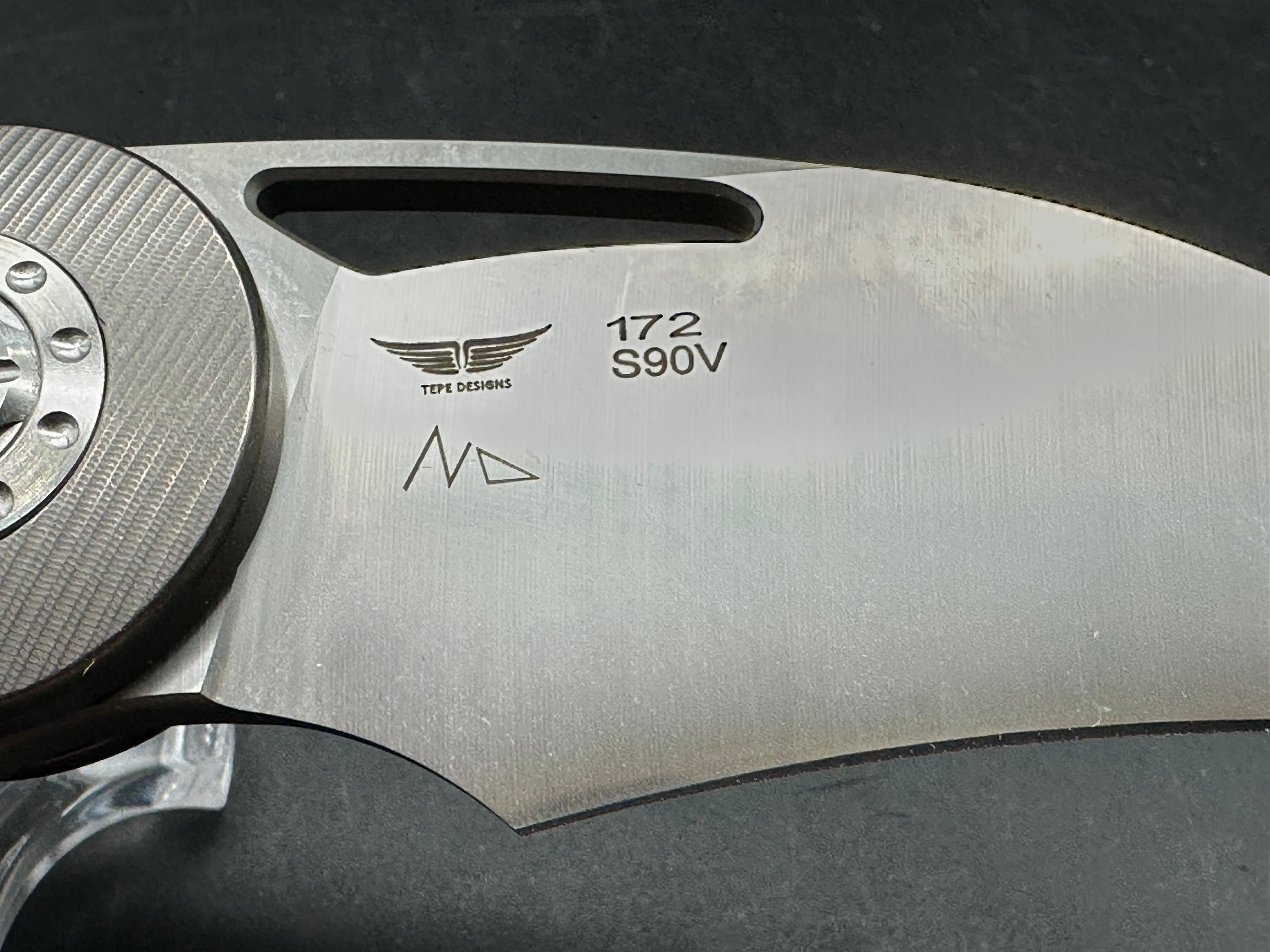 TwoSun 172 Karambit: Nightmorning Tepe design. 3 inch S90V blade. Titanium clip with ceramic ball bearing