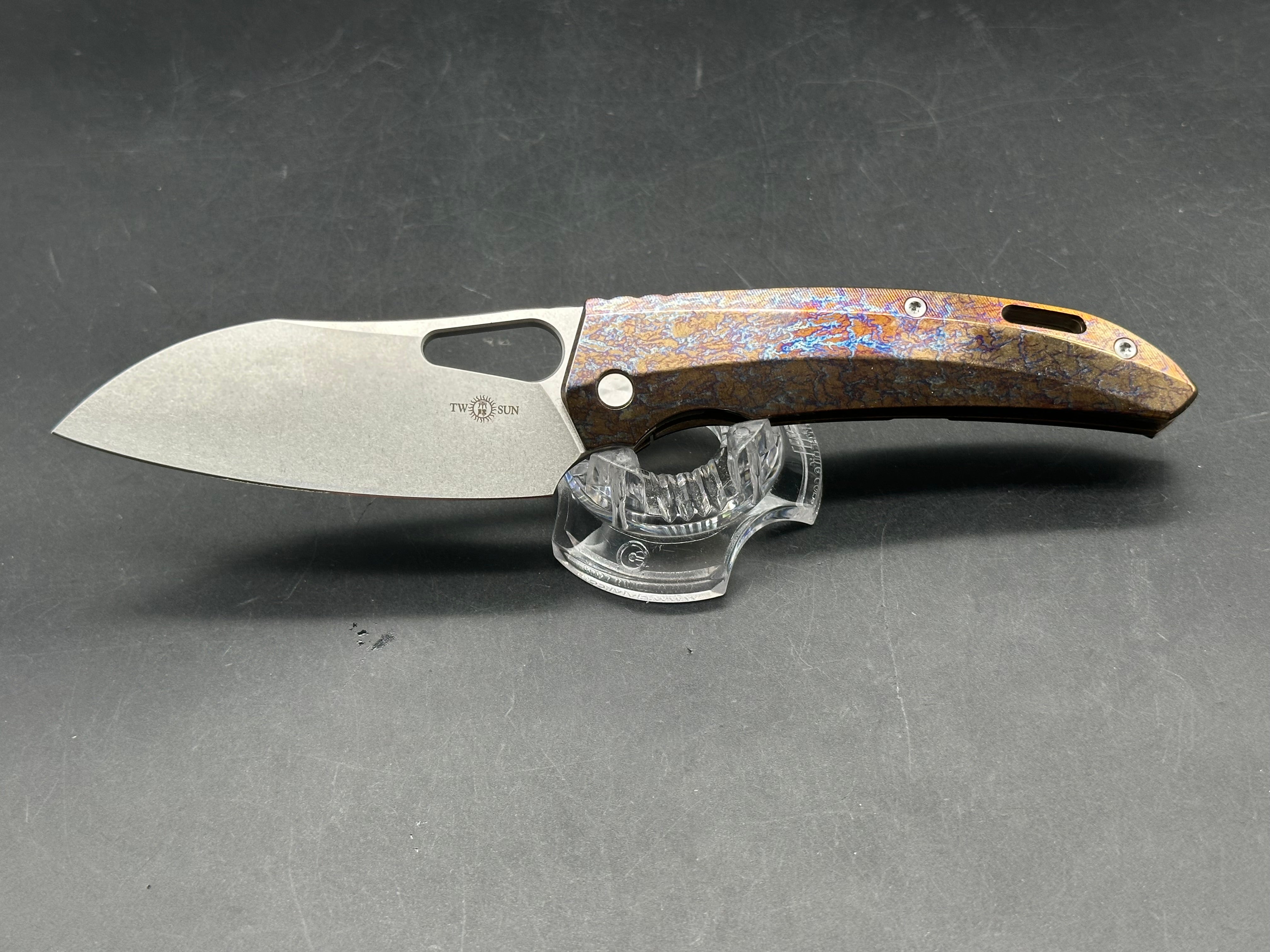 TwoSun TS376 3.66 satin finished D2 blade. Flamed titanium scales and backspacer