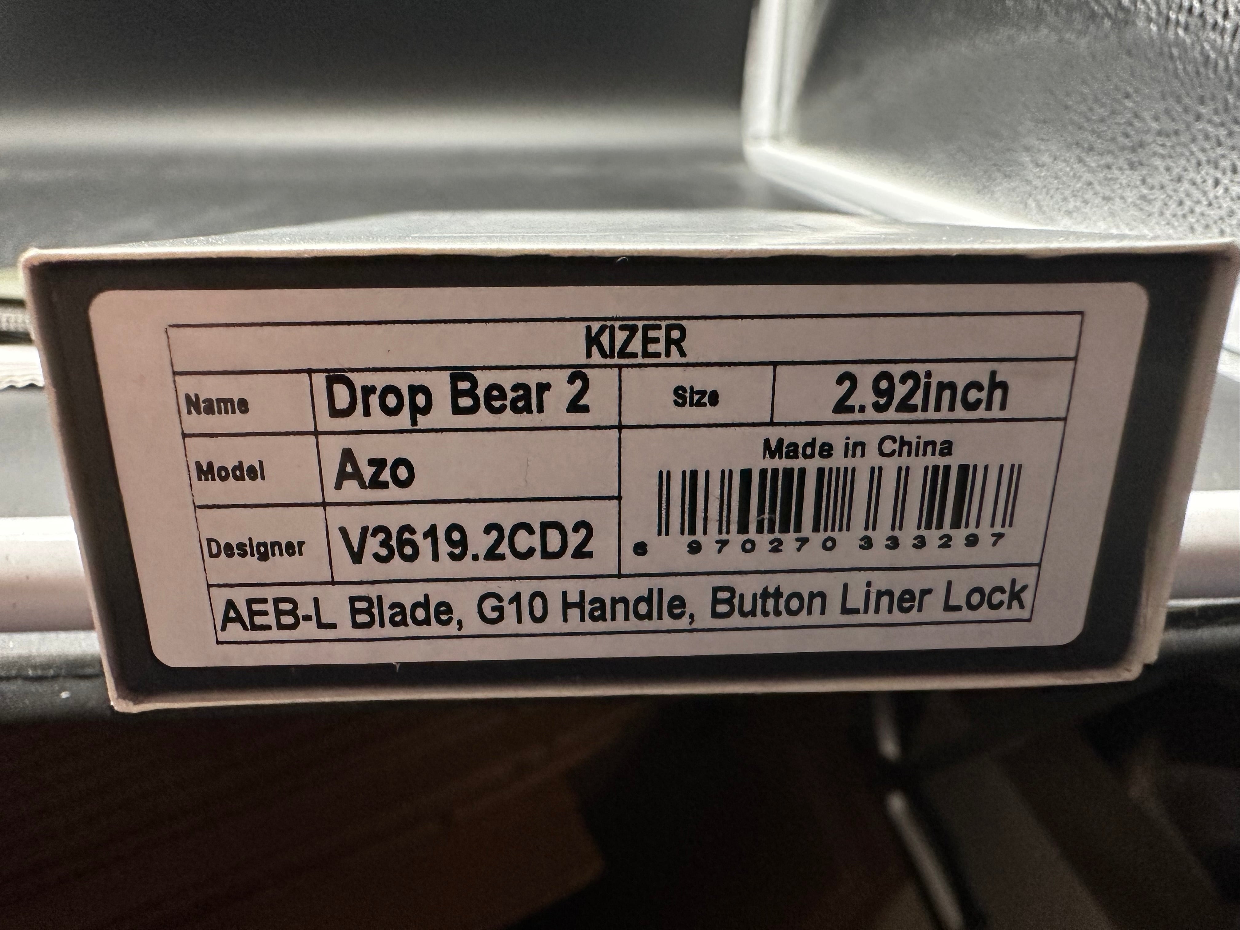 Kizer Drop Bear 2 2.92" Nitro-V Satin Blade with OD Green G10 Scales and Top Liner Lock