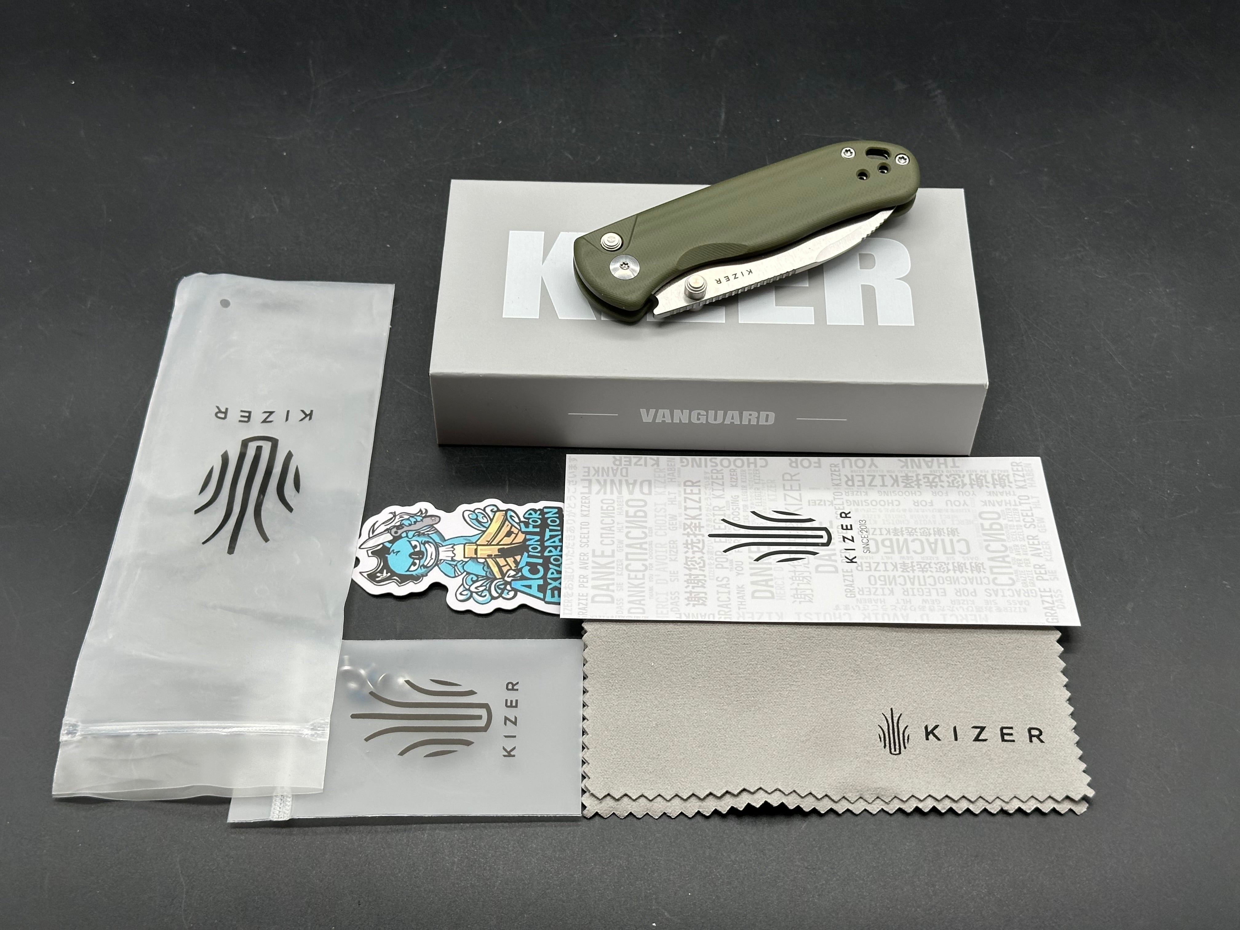 Kizer Drop Bear 2 2.92" Nitro-V Satin Blade with OD Green G10 Scales and Top Liner Lock