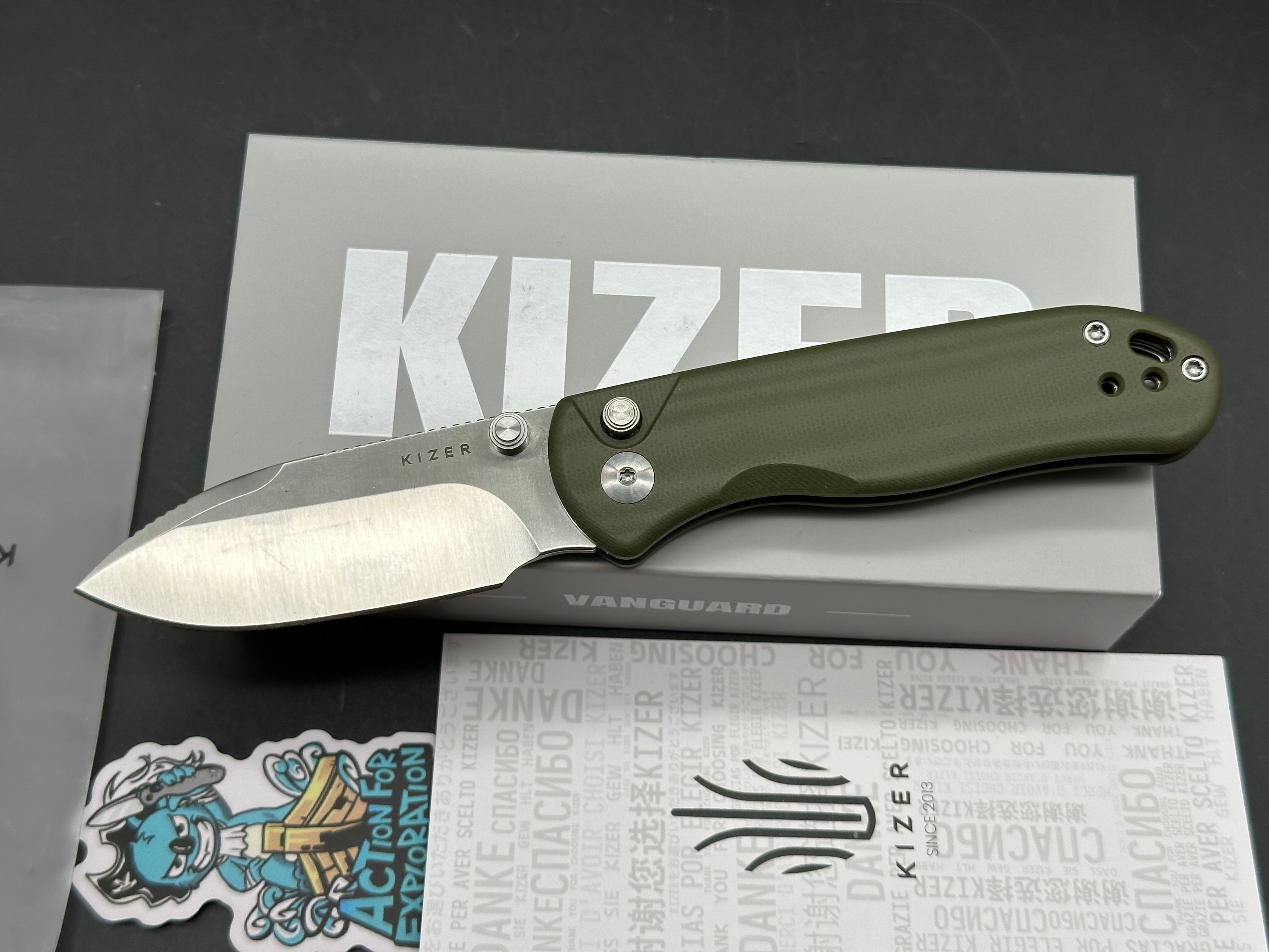 Kizer Drop Bear 2 2.92" Nitro-V Satin Blade with OD Green G10 Scales and Top Liner Lock