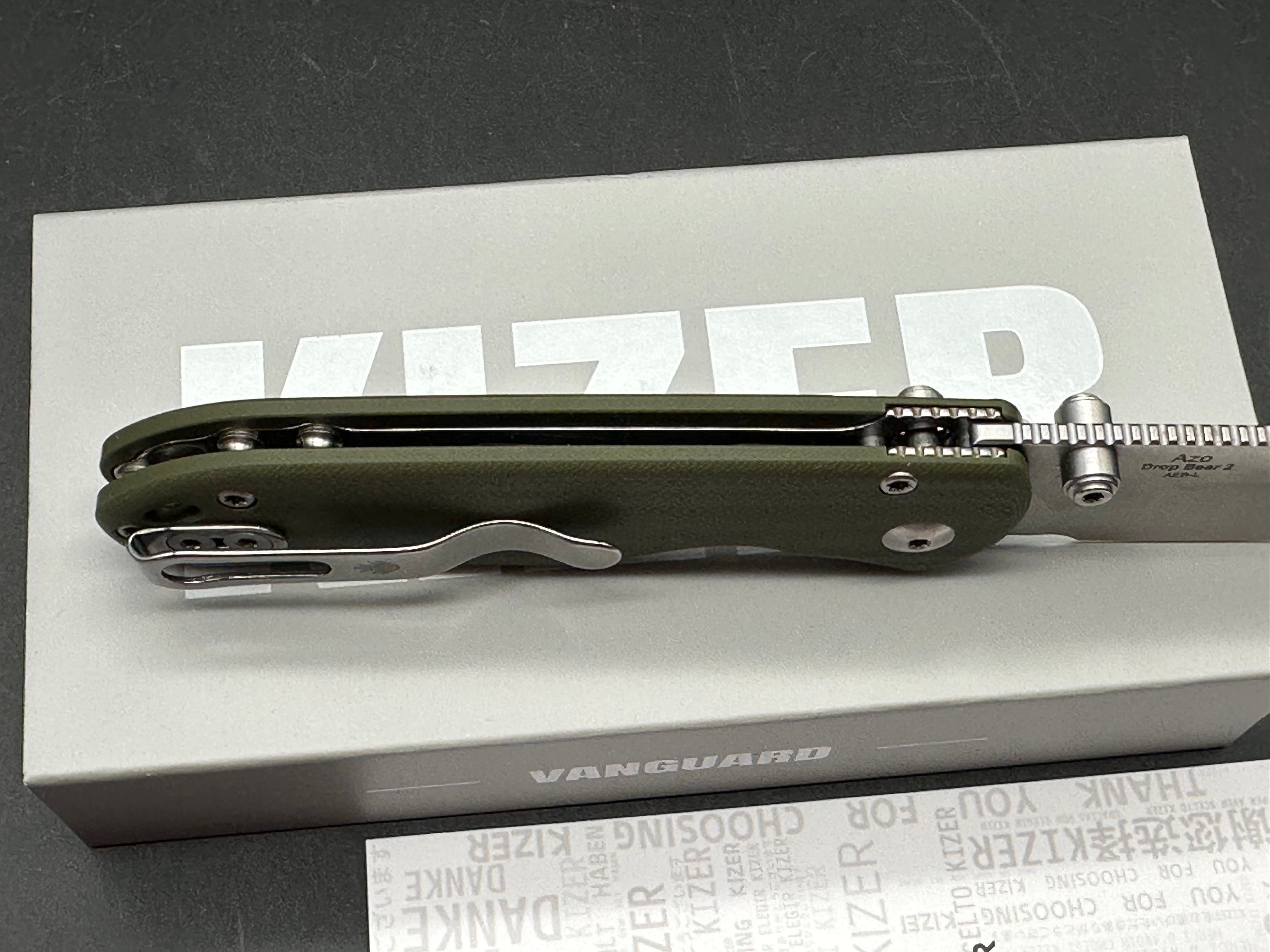 Kizer Drop Bear 2 2.92" Nitro-V Satin Blade with OD Green G10 Scales and Top Liner Lock