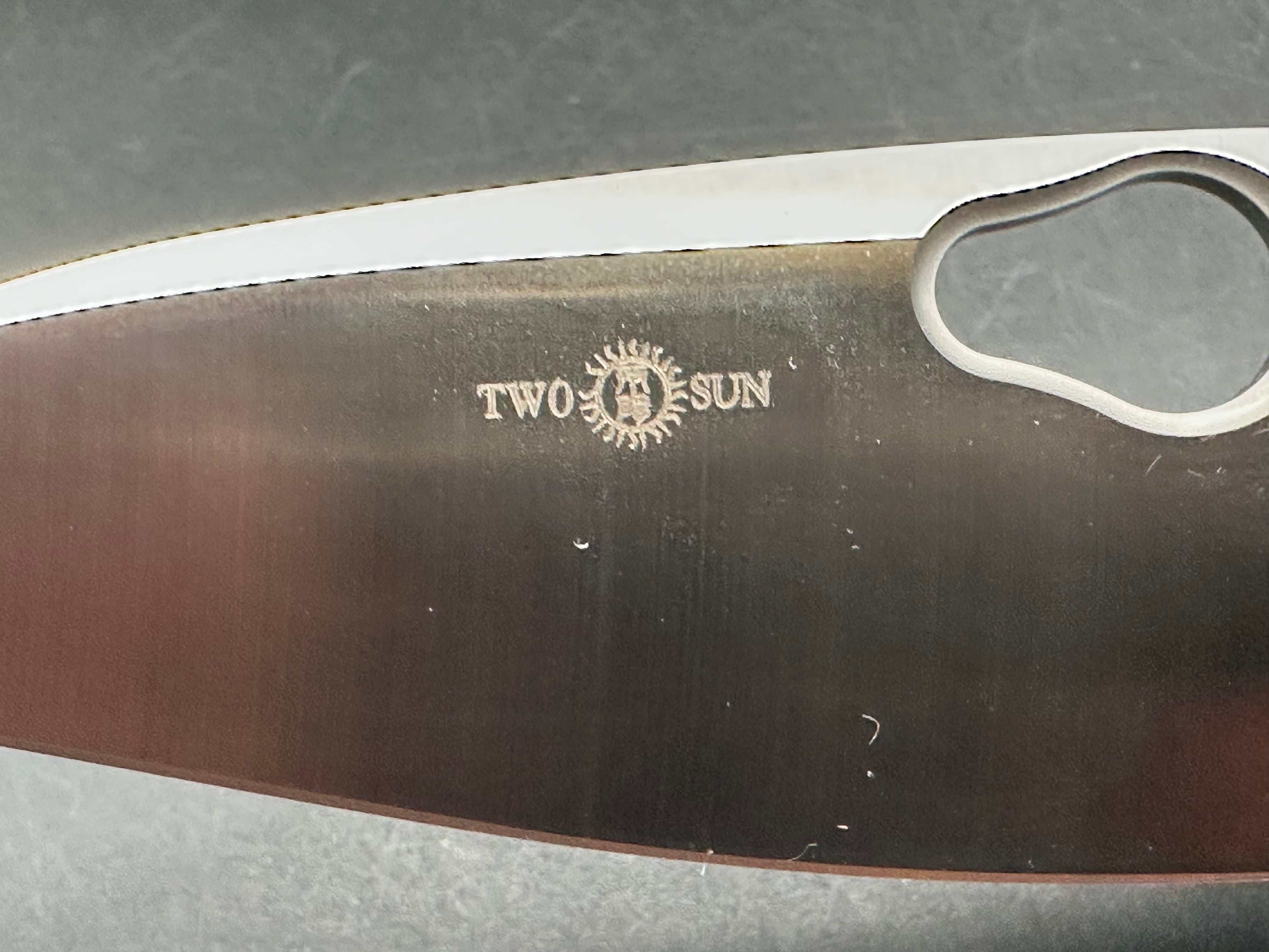 TwoSun TS129 / 3.3 inch sanded Bohler M390 blade. Carbon fiber front scale. Flamed titanium back scale