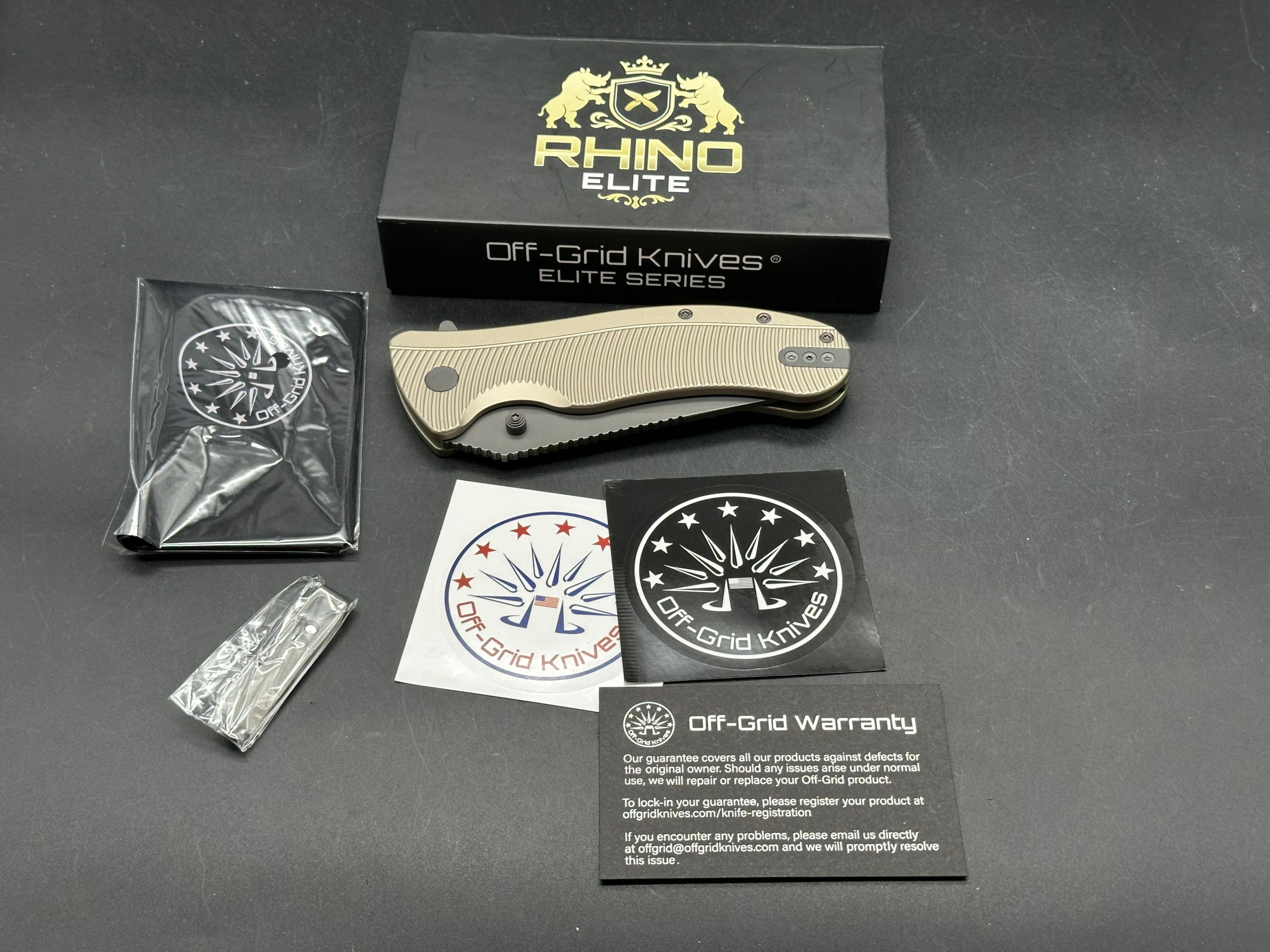 Off Grid Rhino Elite (NEW), 4" CPM MagnaCut Graywashed Clip Point Blade with Bronze Anodized Titanium Scales