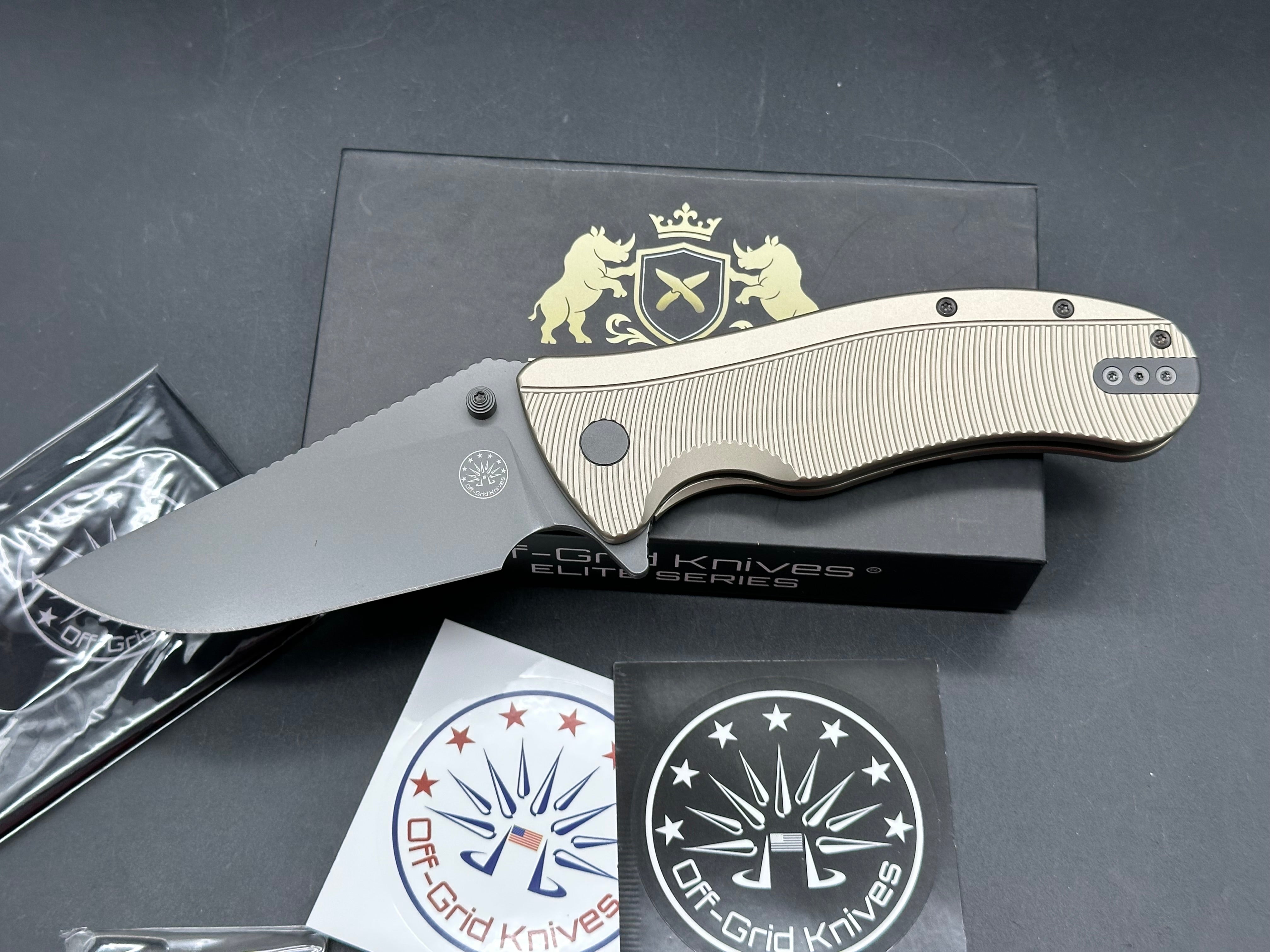 Off Grid Rhino Elite (NEW), 4" CPM MagnaCut Graywashed Clip Point Blade with Bronze Anodized Titanium Scales