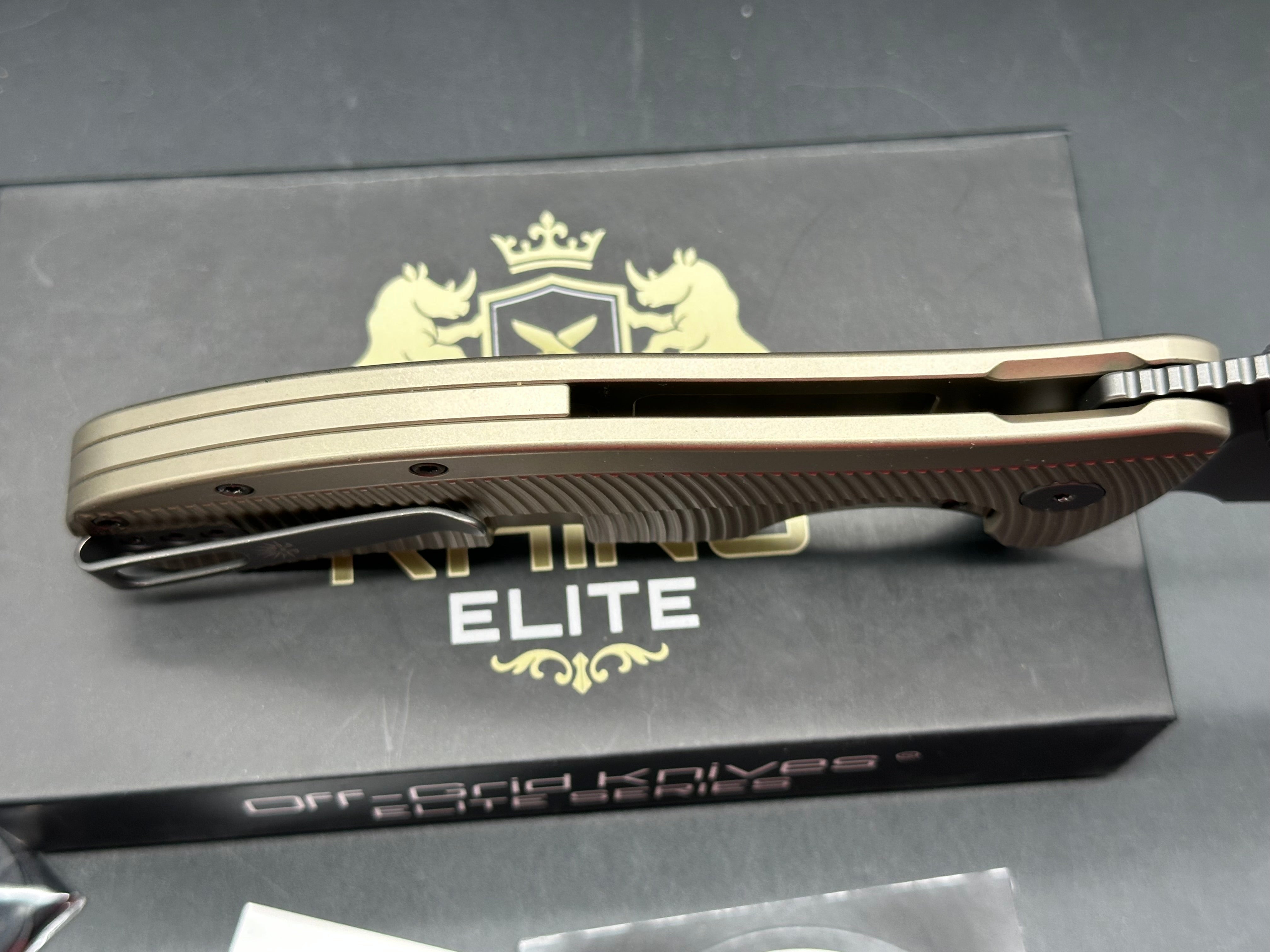 Off Grid Rhino Elite (NEW), 4" CPM MagnaCut Graywashed Clip Point Blade with Bronze Anodized Titanium Scales