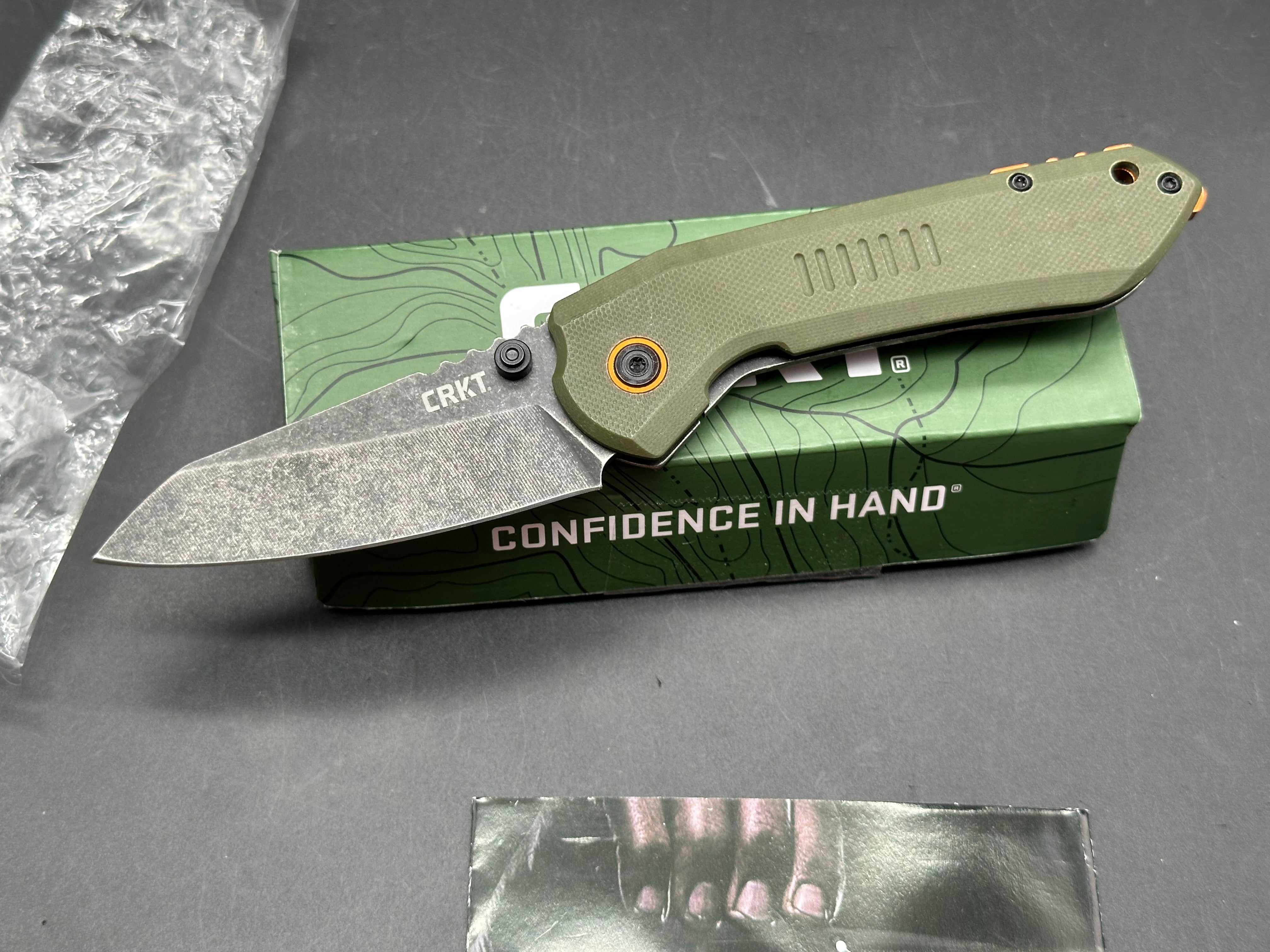 CRKT Overland (NEW), 3" 8Cr13MoV Blackwashed Sheepsfoot Blade with OD Green G10 and Stainless Steel Scales