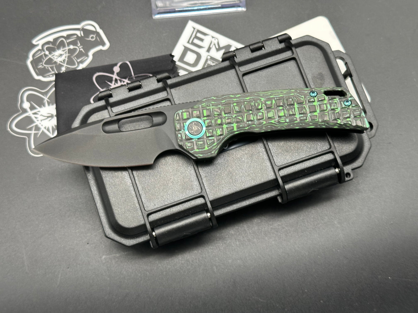 EMP EDC Nymble 3.1" Elmax Blade with Titanium Frag Handle GREEN CAMO CARBON FIBER