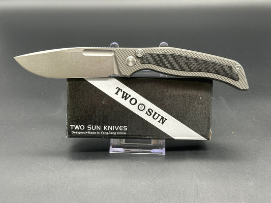 TWOSUN VANDAL TS329 BUTTON LOCK POCKET KNIFE TITANIUM HANDLE W/CARBON FIBER M390 BLADE