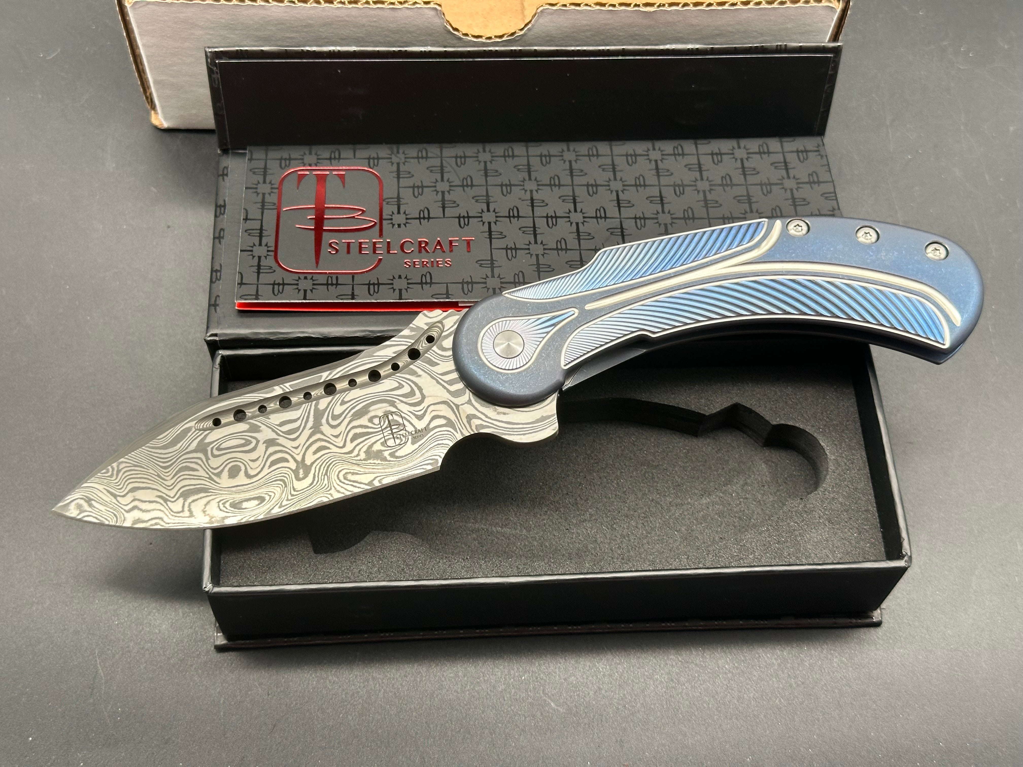 Begg knives Steelcraft Field Marshall Blue/Silver w/Grosserosen Damasteel blade