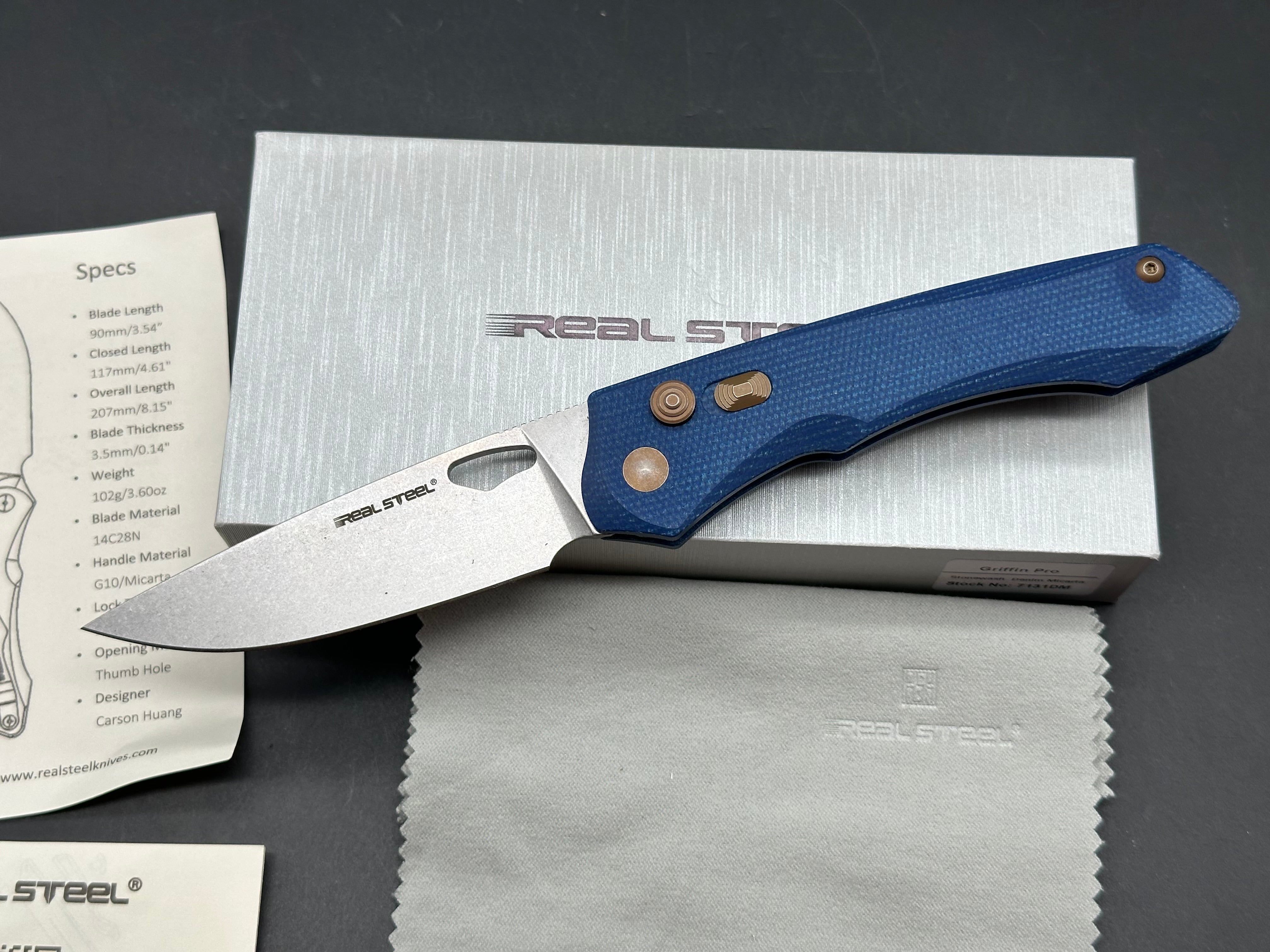 Real Steel Griffin Pro blue denim handle button lock 14C28N blade