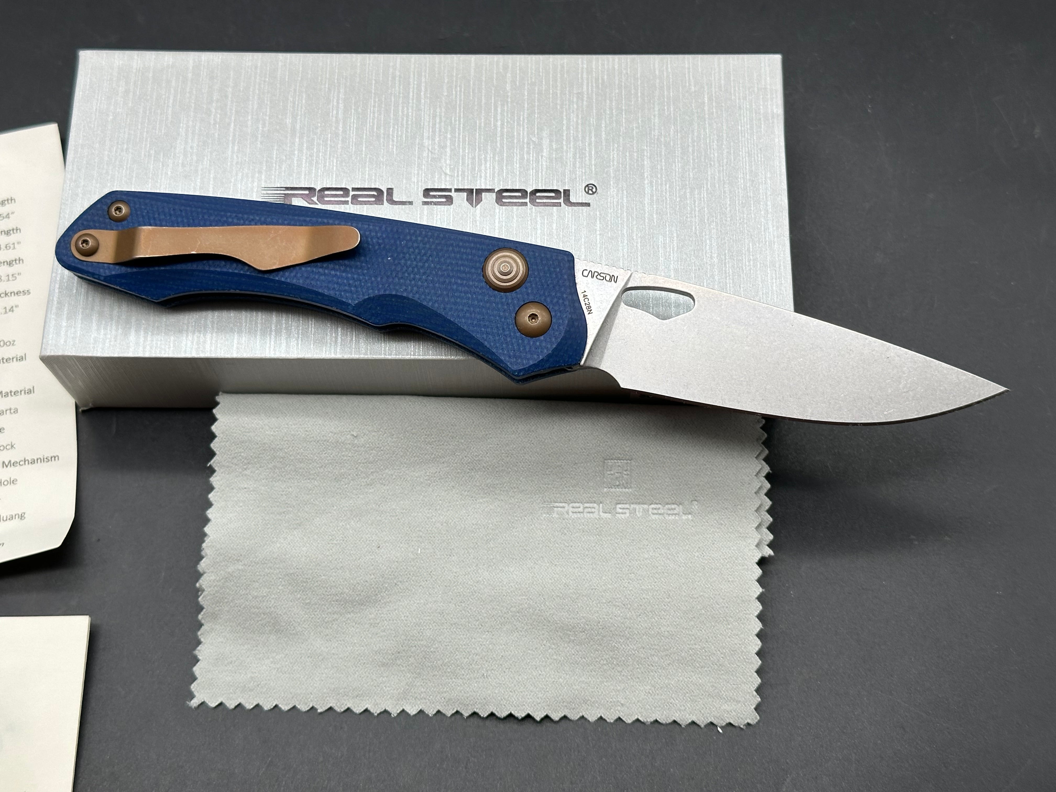 Real Steel Griffin Pro blue denim handle button lock 14C28N blade