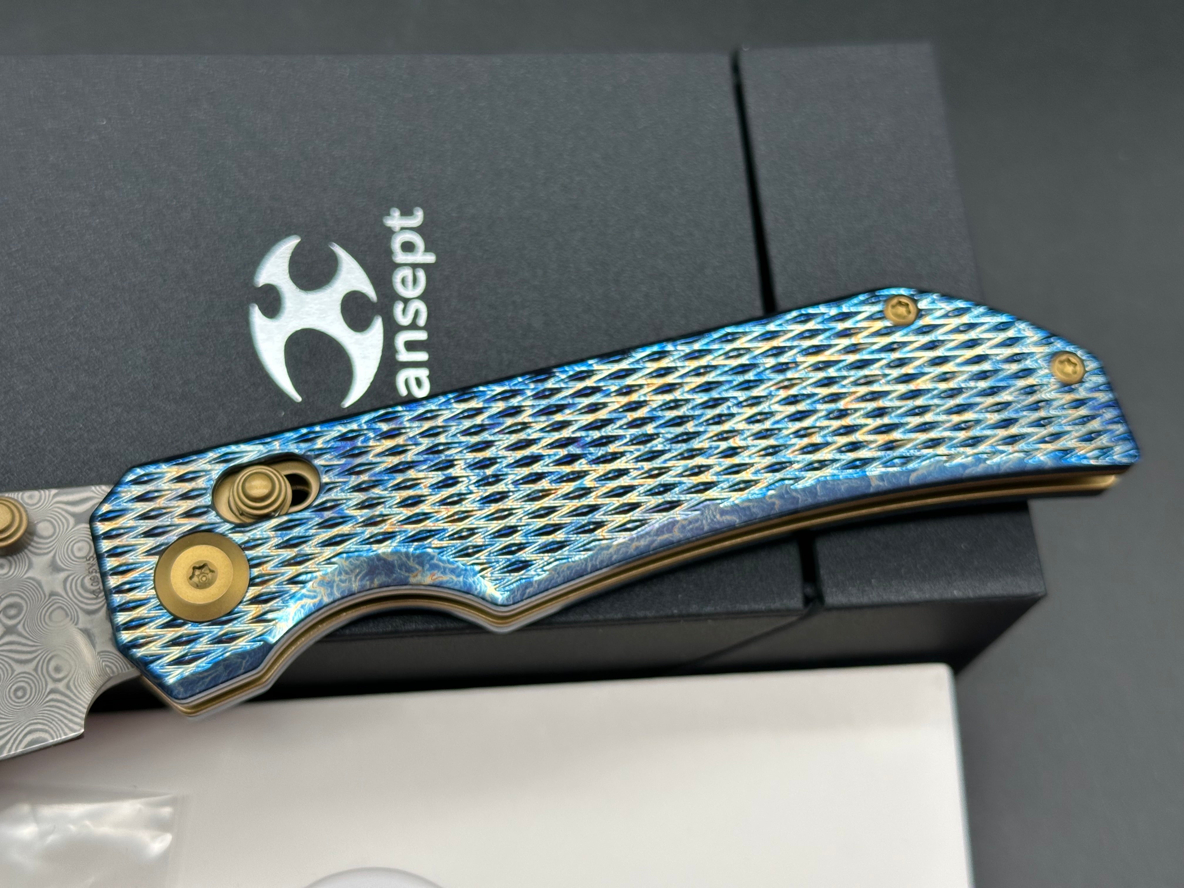 KANSEPT EAGLESTRIKE CROSSBAR LOCK KNIFE LIGHTNING STRIKE FINISH TITANIUM 3.73'' DAMASCUS BLADE