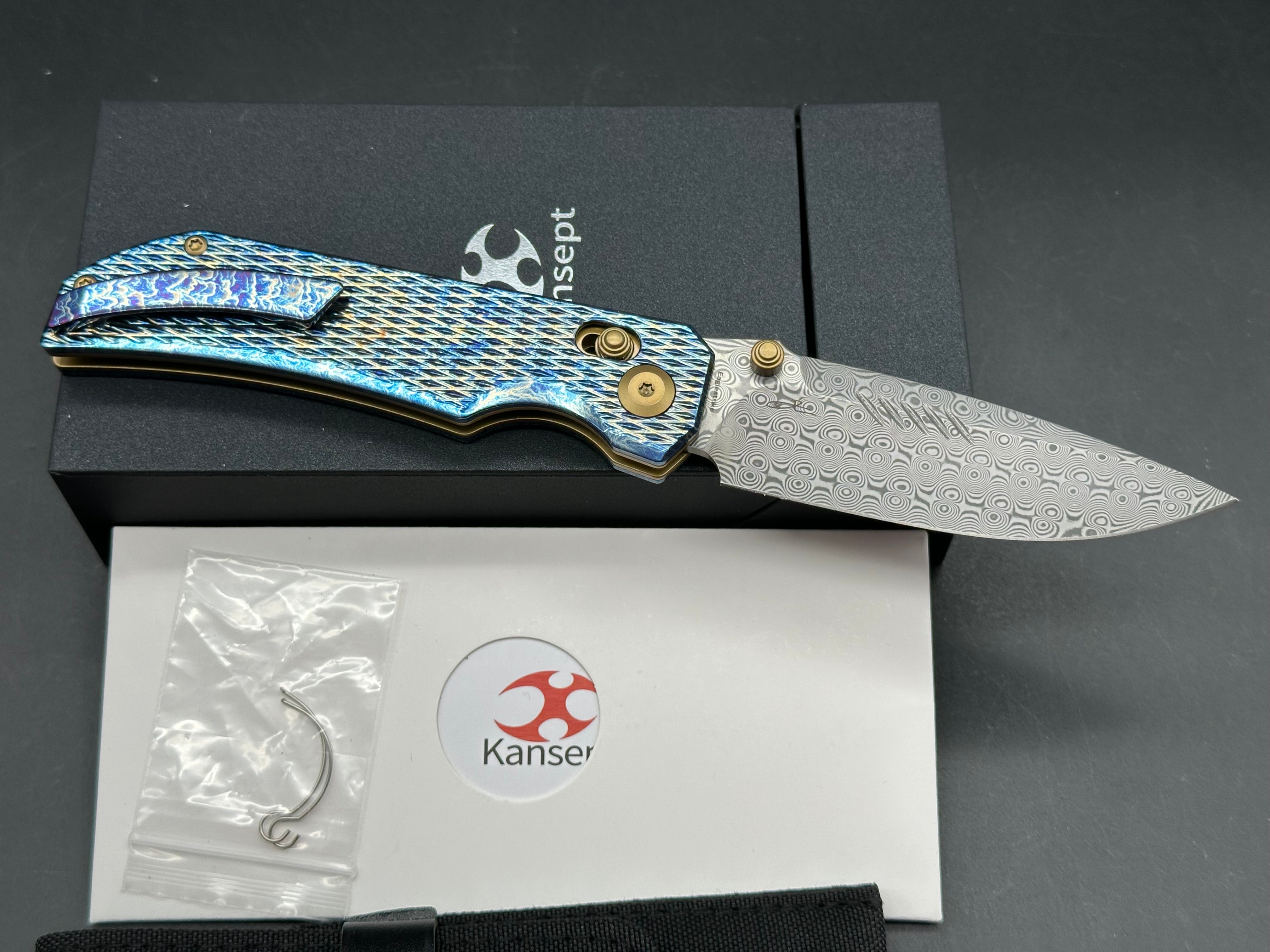 KANSEPT EAGLESTRIKE CROSSBAR LOCK KNIFE LIGHTNING STRIKE FINISH TITANIUM 3.73'' DAMASCUS BLADE
