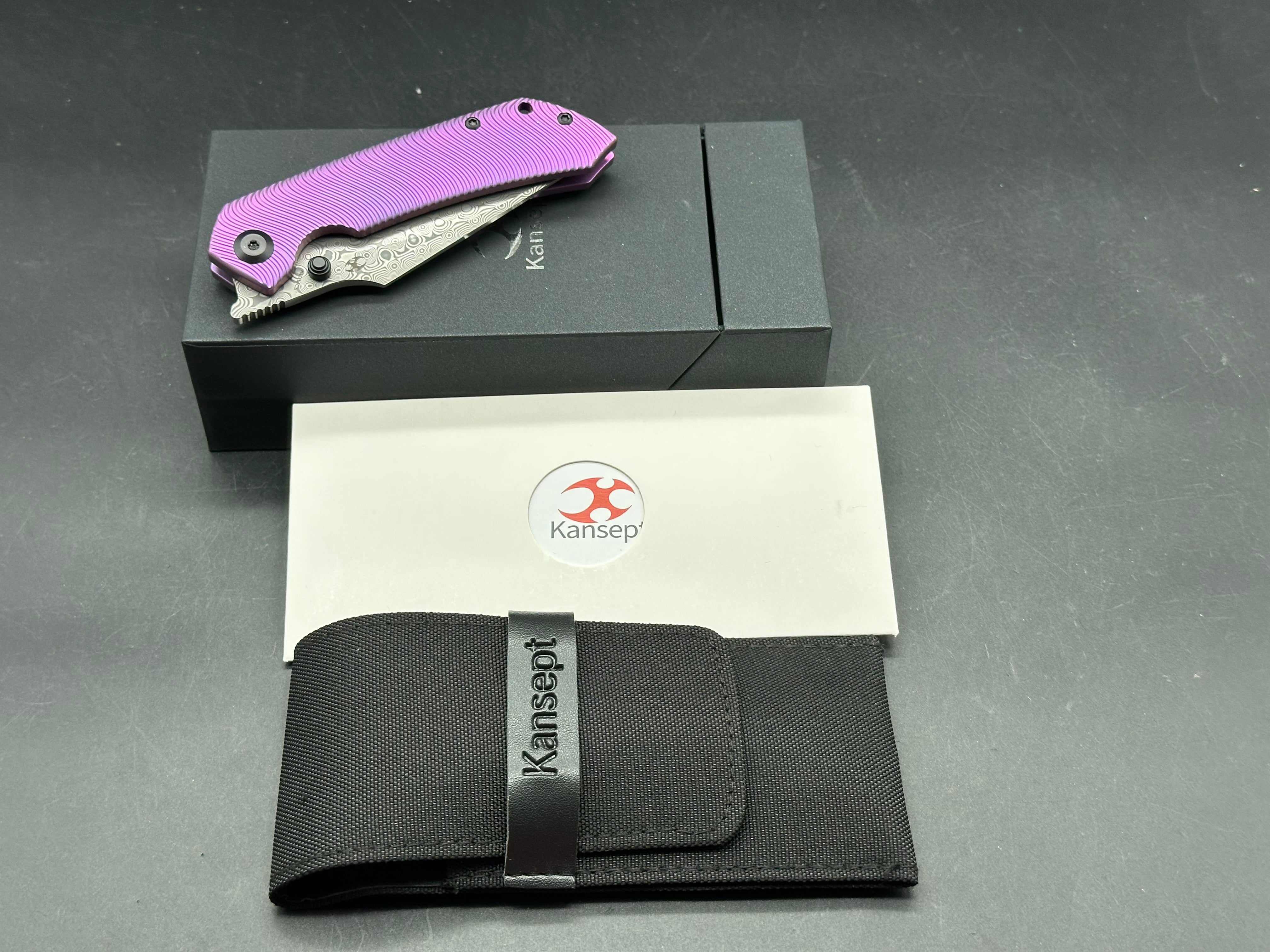 KANSEPT FENRIR PURPLE ANODIZED TITANIUM MICRO MILLED WATER RIPPLE HANDLE (3.48'' DAMASCUS BLADE)