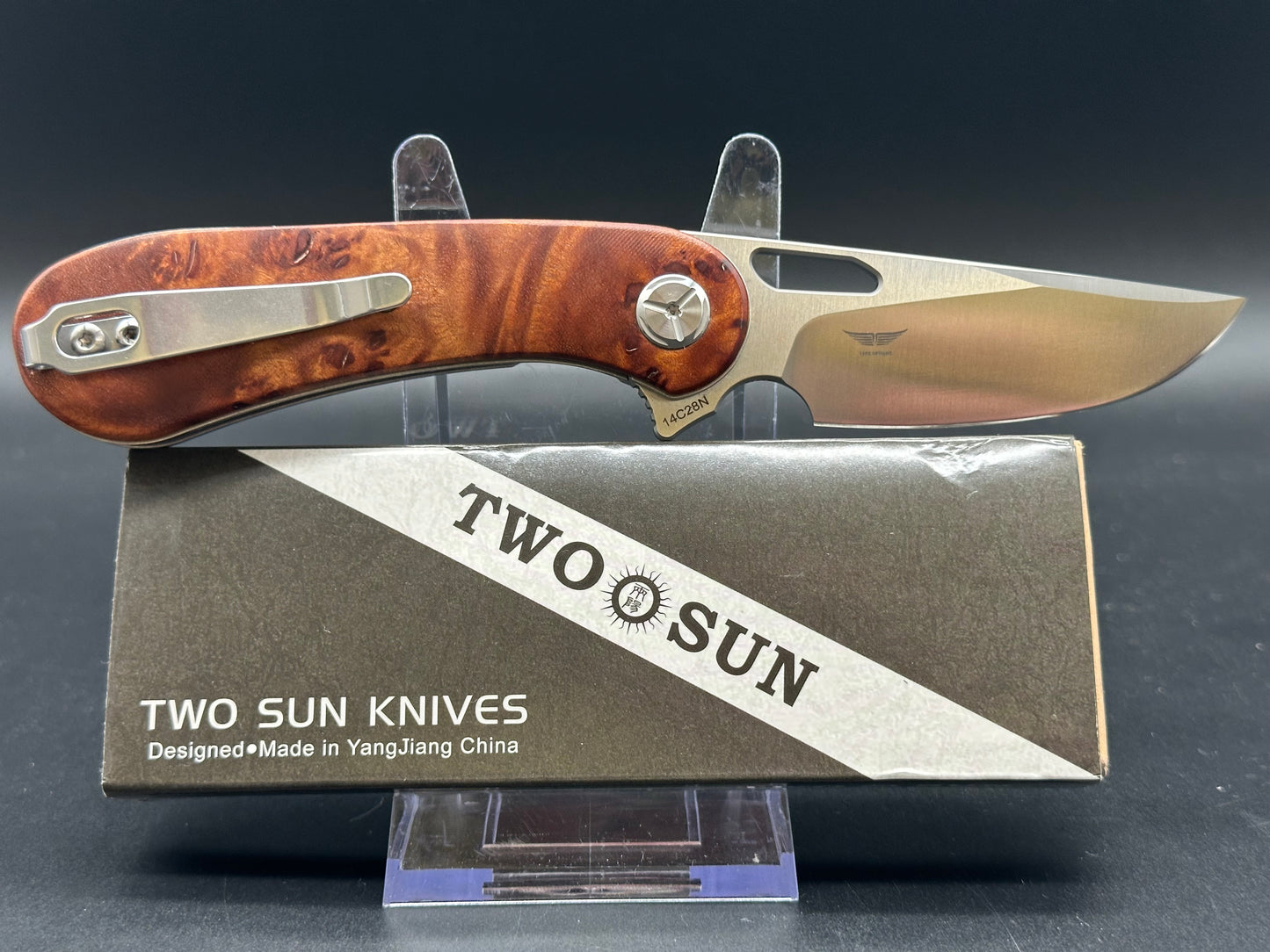 TwoSun TS134 burl wood scales w/14c28n blade